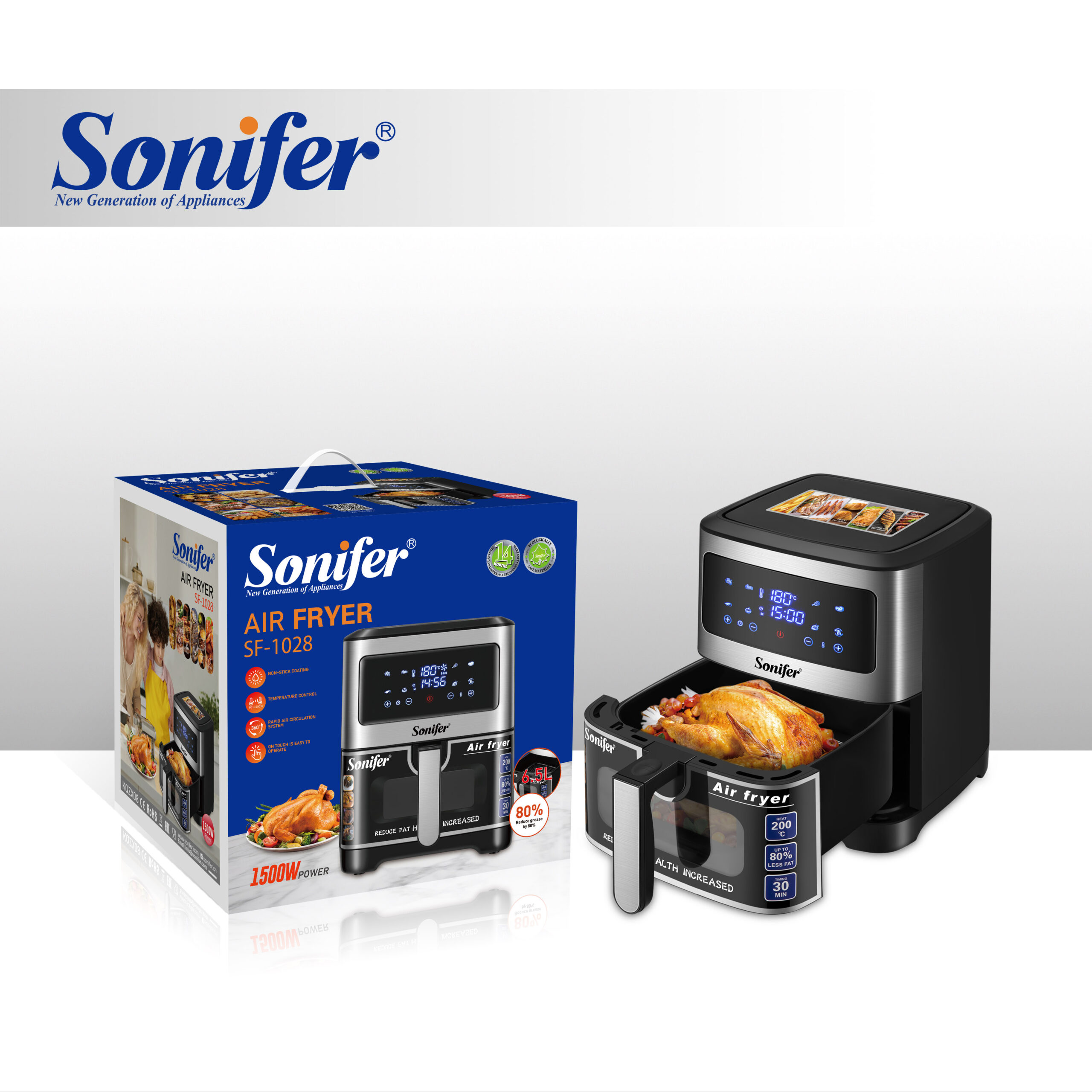 Sonifer SF-1028S 6.5-liter air fryer with 8 preset menus, visual window, high-definition touch screen, 1500W stainless steel body details Picture