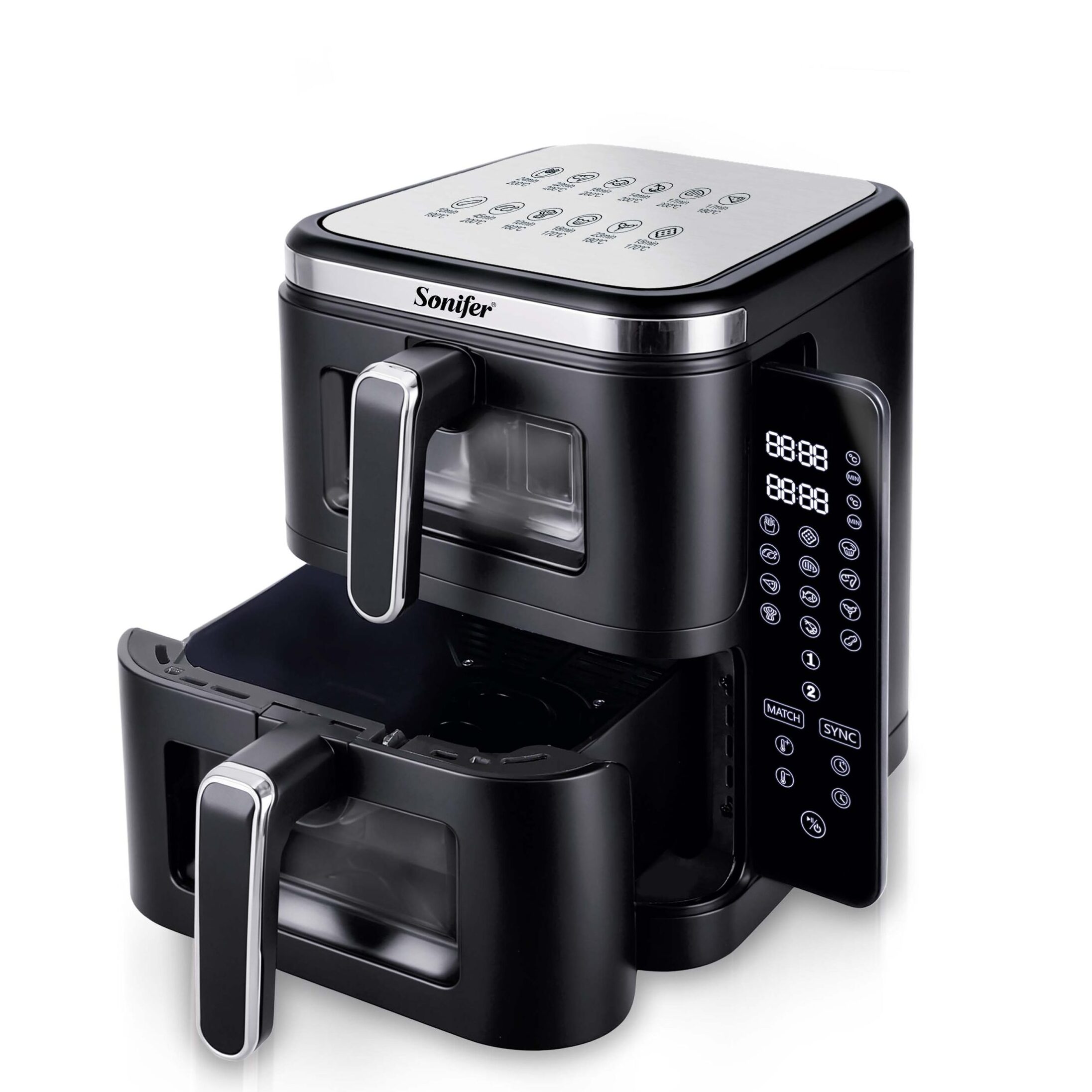 The Sonifer SF-1046 Double Basket air fryer, 2800 watts, is equipped with a touch screen and 12 preset menus for independent cooking