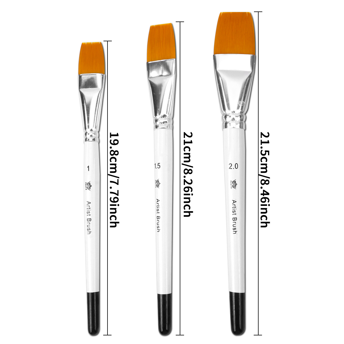 3-piece flat-head brush set - 3 sizes, nylon bristle material, black/white/orange available, suitable for acrylic, oil painting and watercolor creation Specification image