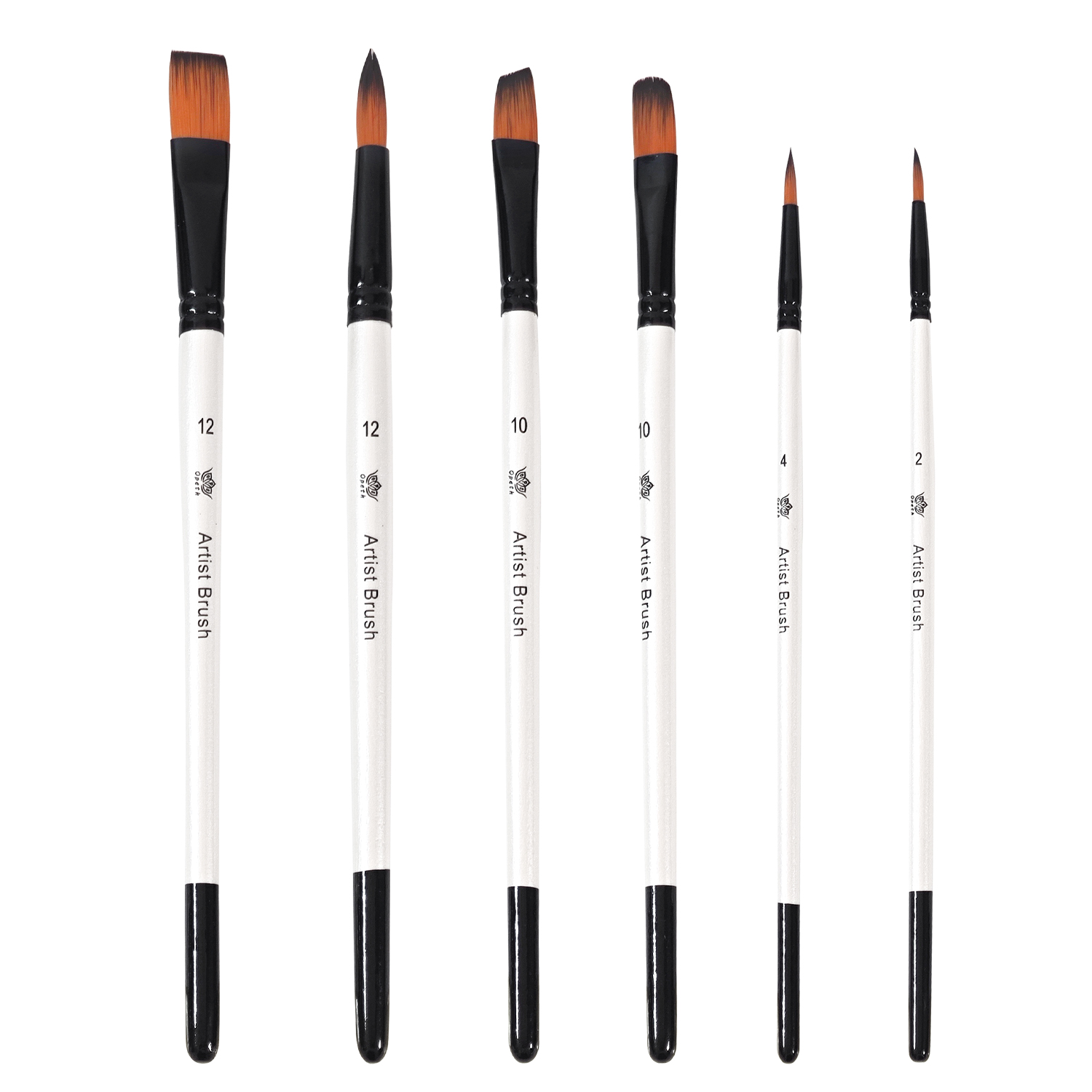 6 支装圆柄平头美术画笔套装 — 白色尼龙毛笔头，适配丙烯、水彩、油画创作，亦可用于人体彩绘、面部彩绘、石头彩绘及画布绘画，是成人美术创作、手工 DIY 的优选工具，也可作为圣诞、万圣、感恩节礼品。 Specification image