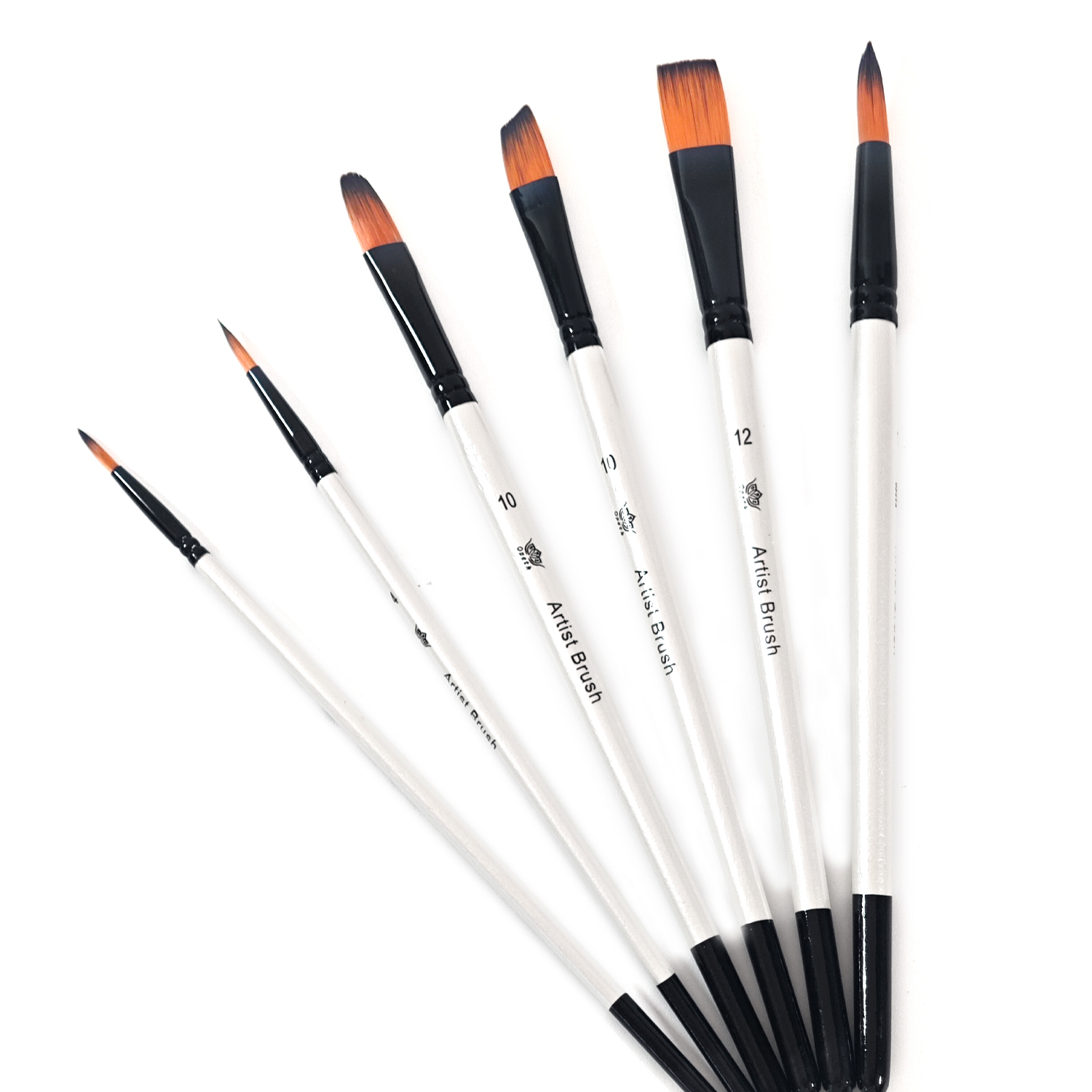 6-piece round-handled flat-tipped art brush set - white nylon brush tips, suitable for acrylic, watercolor, and oil painting creation. It can also be used for body painting, face painting, stone painting, and canvas painting. It is an ideal tool for adult art creation and DIY handicrafts, and can also be given as a Christmas, Halloween, and Thanksgiving gift.