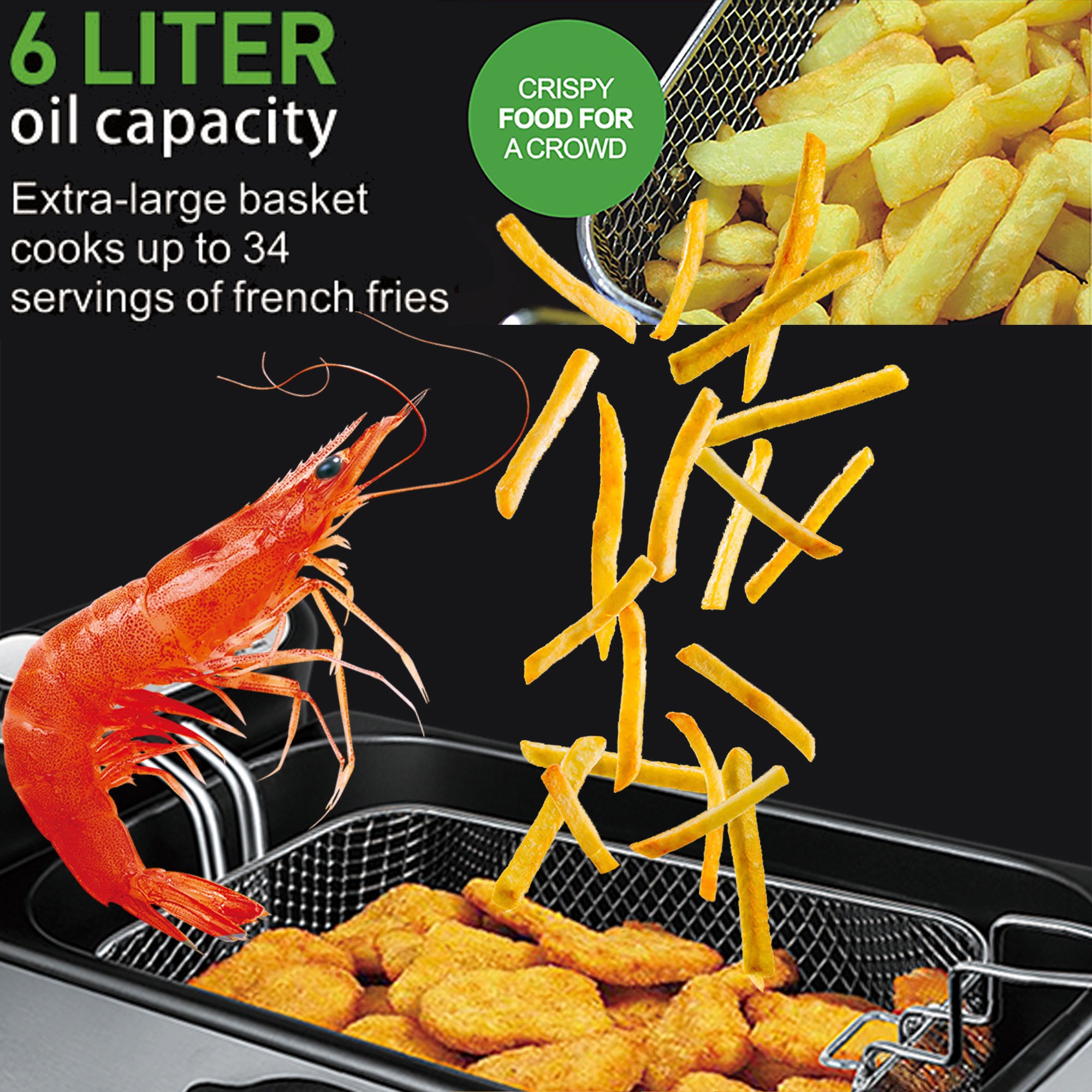 Sonifer SF-1004 专业级不锈钢大容量油炸锅 6.0 升 2400 瓦 带可调式温控器 Item Picture