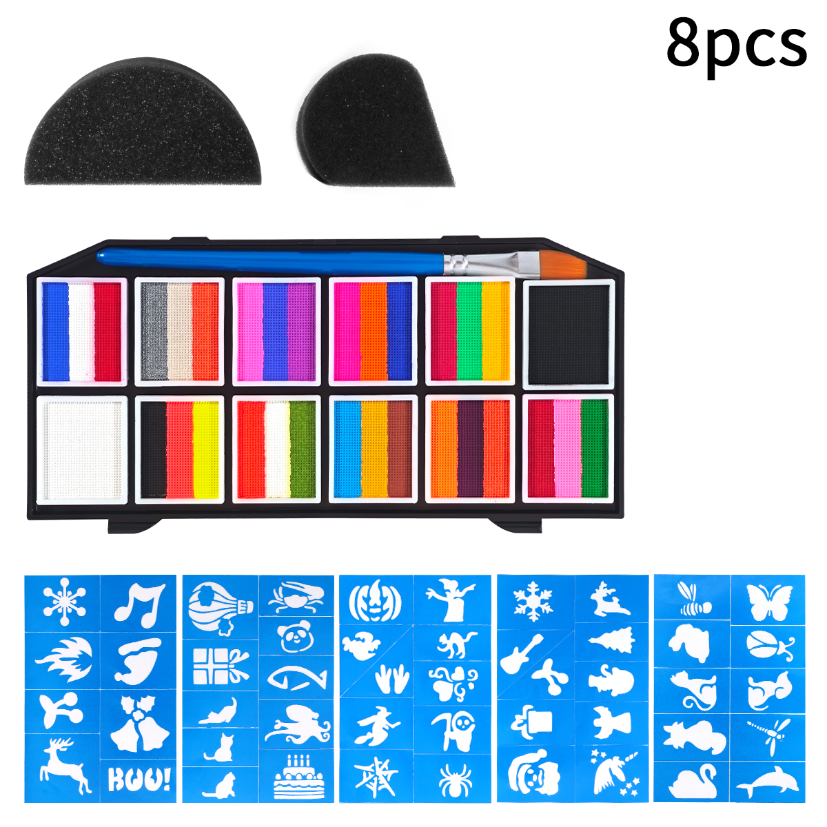 Body painting Palette Set - Including 1 paintbrush + 2 durable sponges + 5 templates. Water-based body painting paint. Special painting tools for Halloween makeup, role-playing parties, stage performances, and masquerade parties