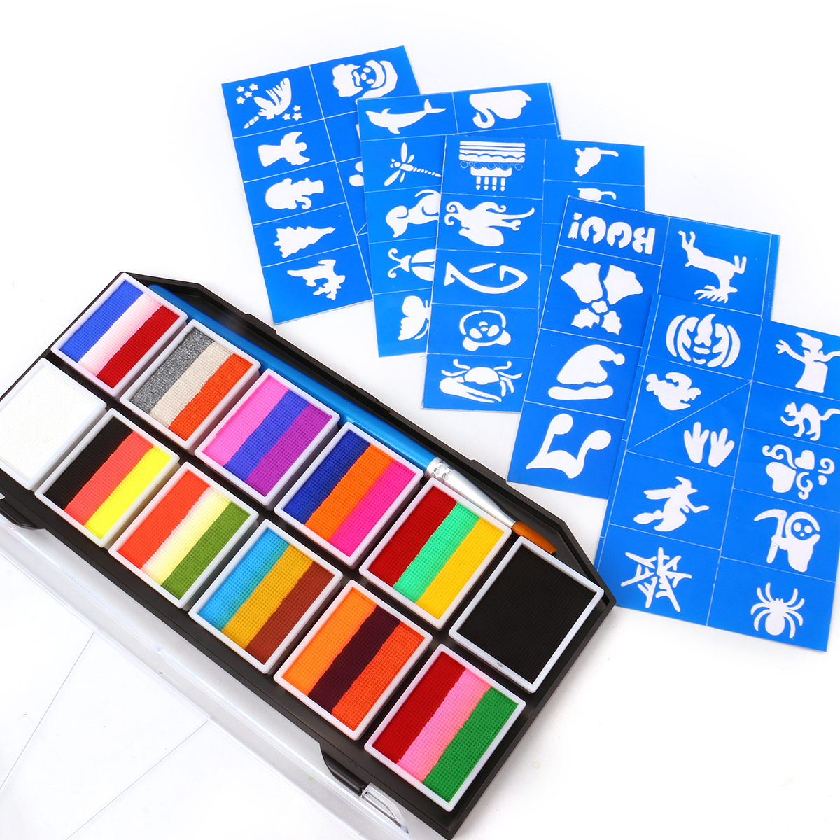Body painting Palette Set - Including 1 paintbrush + 2 durable sponges + 5 templates. Water-based body painting paint. Special painting tools for Halloween makeup, role-playing parties, stage performances, and masquerade parties Application Scenario