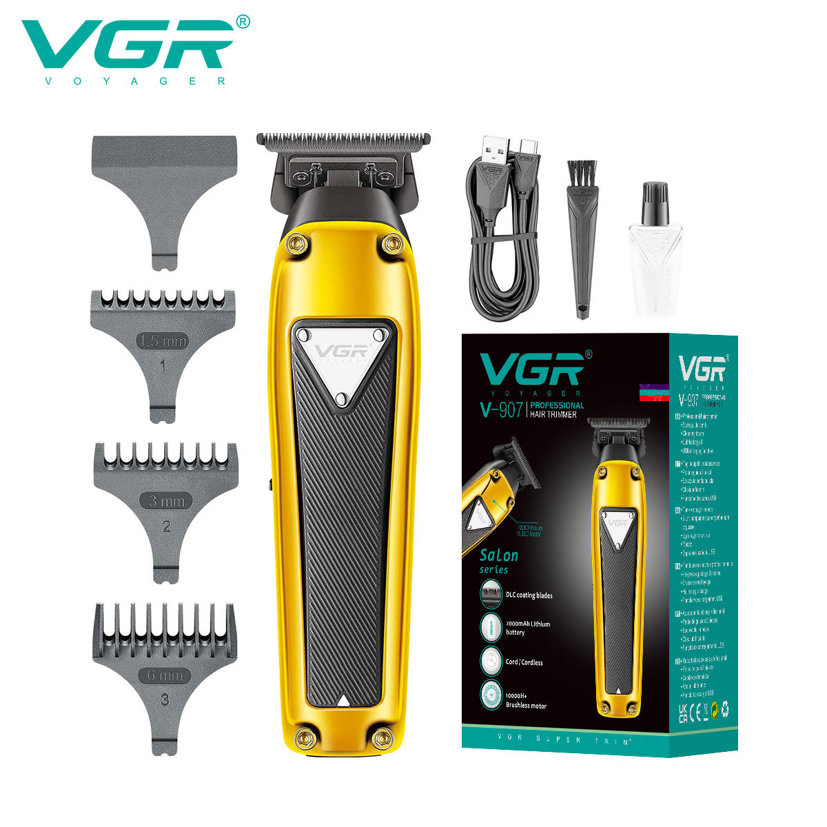 VGR V-907 Professional ceramic blade hair clipper 10,000 RPM brushless motor suitable for men