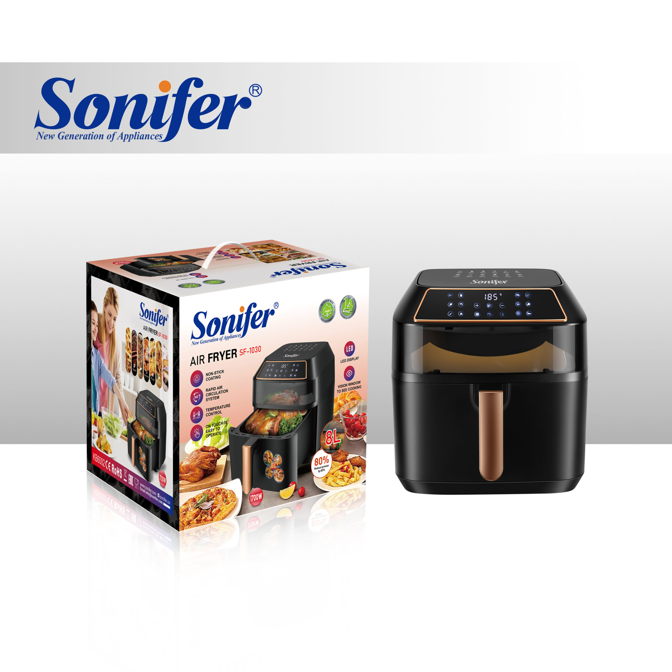 Sonifer SF-1030 8-liter air fryer with visual window, high-definition touch screen, 1700-watt intelligent memory function Specification image