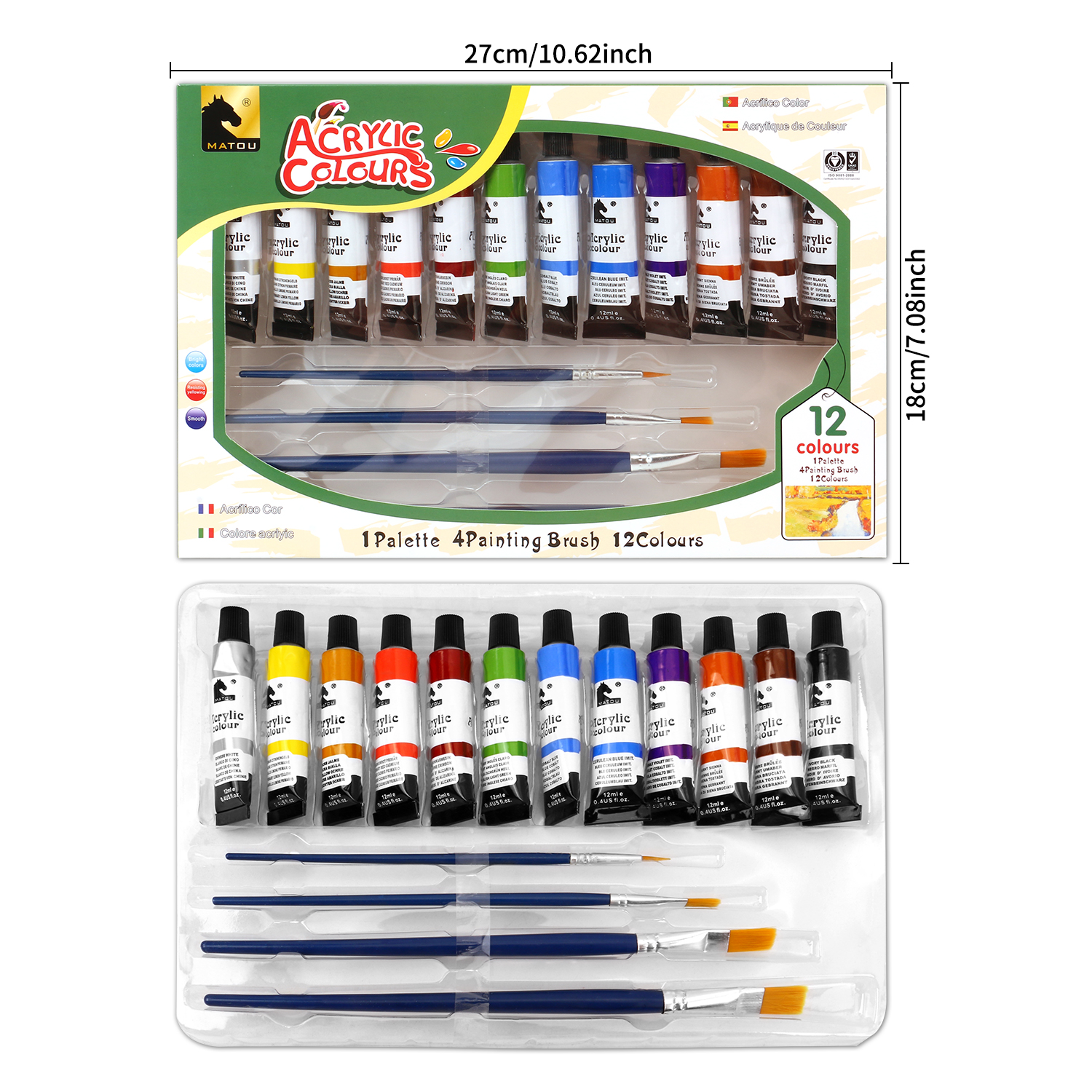 12 色丙烯颜料套装（12 毫升 / 0.4 盎司）— 含 4 支画笔 + 1 个调色盘 新手与专业画师适用 圣诞礼品优选美术套装 Specification image