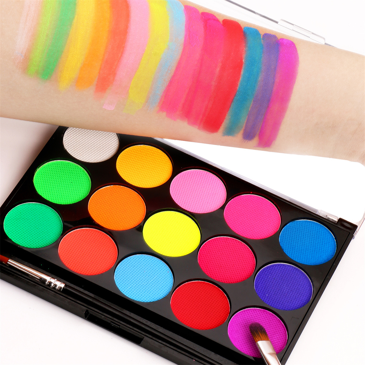 15-color Quick-drying water-soluble body Painting Set (including 2 brushes) - Featuring fluorescent color formulas for parties, role-playing, festival celebrations, Halloween, and Christmas makeup looks details Picture