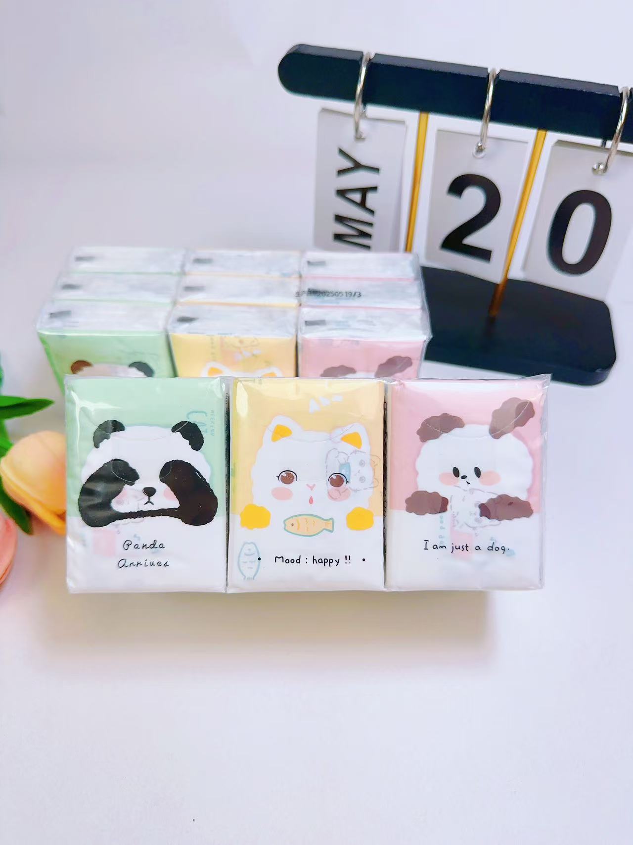 Panda Cartoon Printed Handkerchief Paper - Specification: 210×210 mm, three-layer thickened 8 pieces per pack. Compact and portable mini pocket tissue that doesn't shed paper scraps