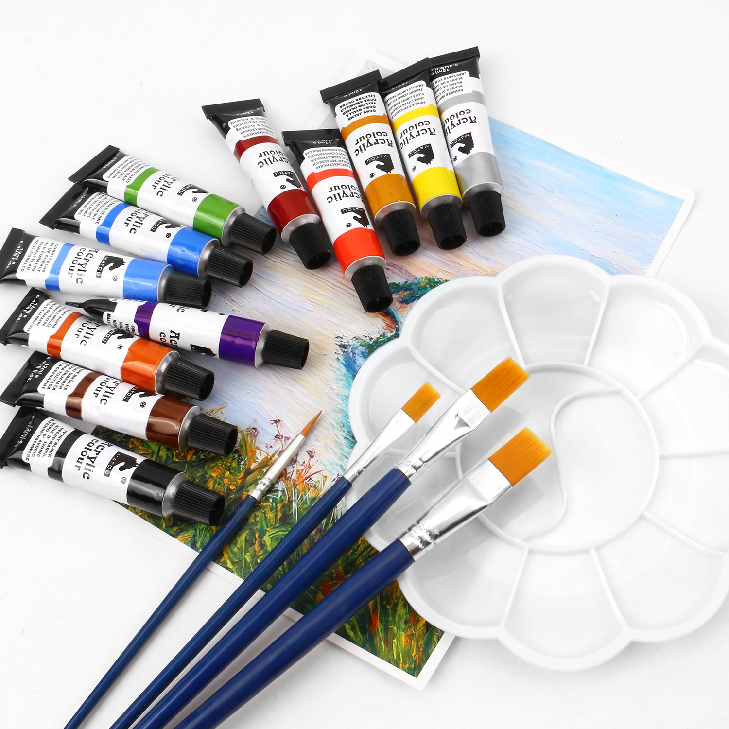 12 色丙烯颜料套装（12 毫升 / 0.4 盎司）— 含 4 支画笔 + 1 个调色盘 新手与专业画师适用 圣诞礼品优选美术套装 Item Picture