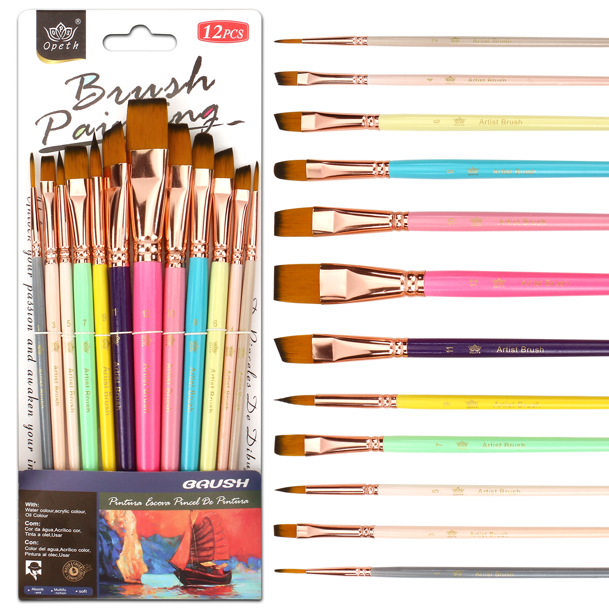 12-piece professional art body painting brush set - oil/watercolor dual-purpose, suitable for acrylic, canvas, gouache creation, with fine detail brushes. Dome/petal-shaped brush tips, suitable for stage makeup, embossing, and outlining