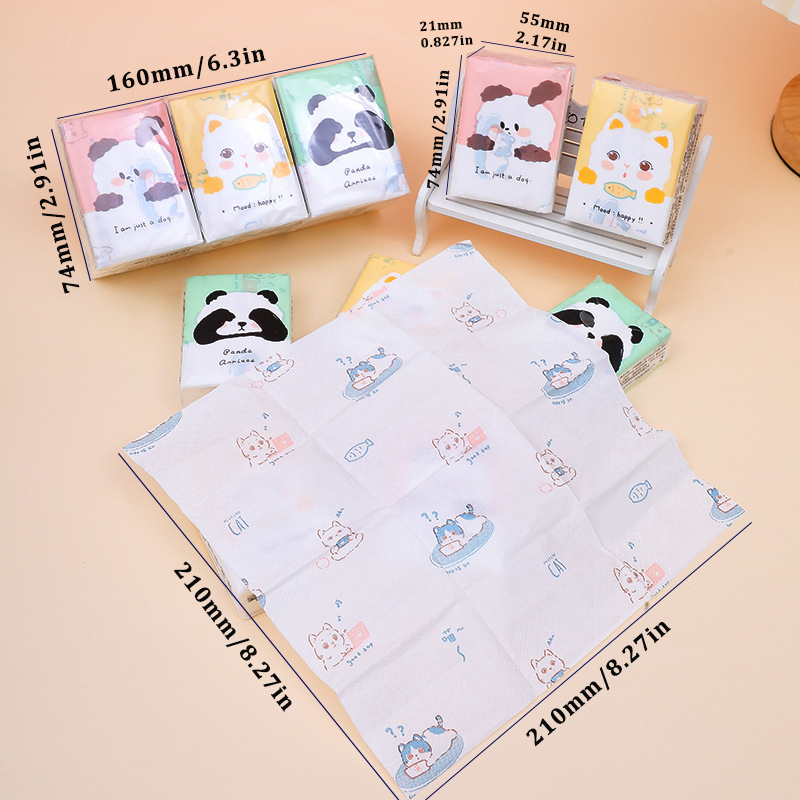 熊猫卡通印花手帕纸 — 规格 210×210 毫米 三层加厚 8 片 / 包 小巧便携 迷你口袋纸巾 不掉纸屑 Item Picture