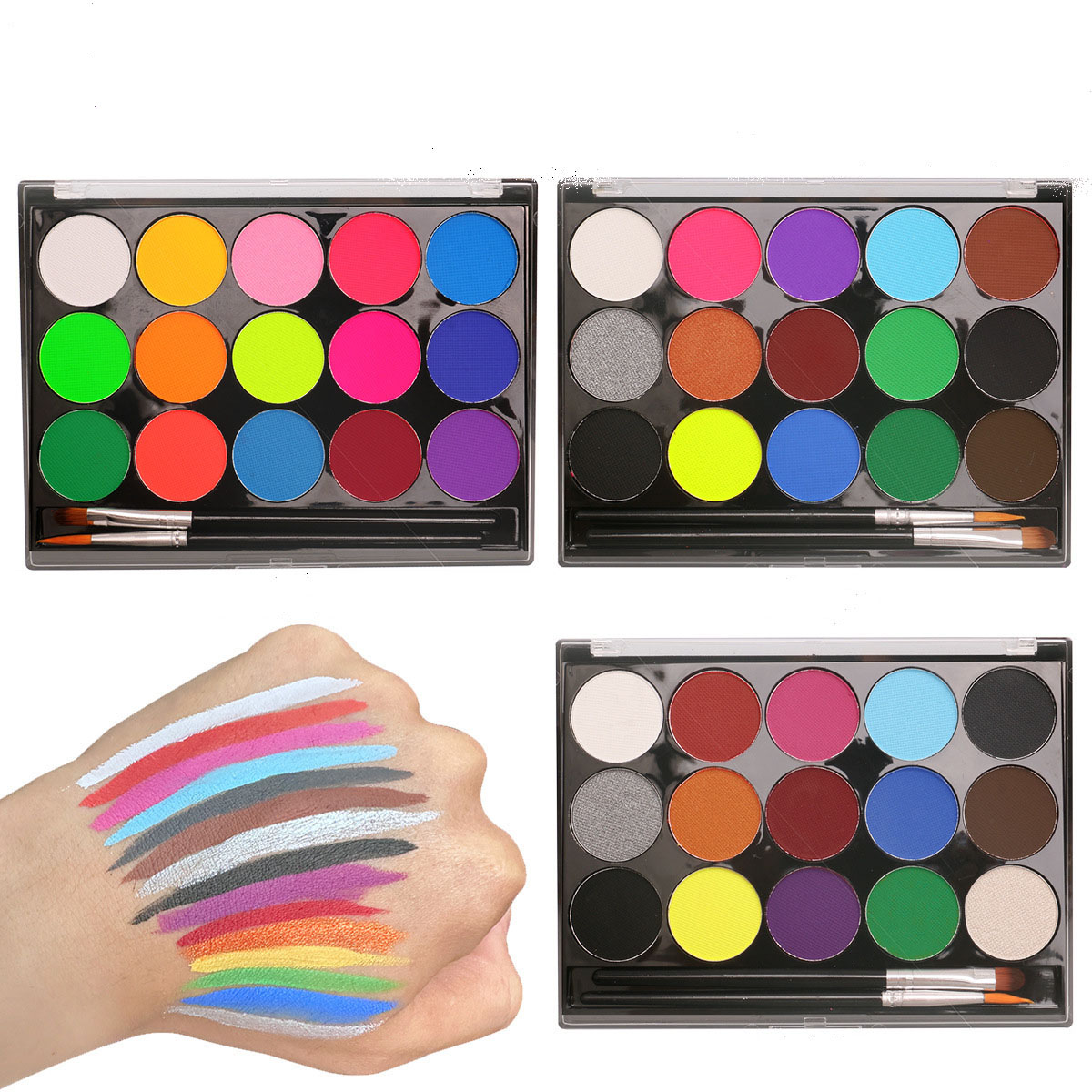 15-color Quick-drying water-soluble body Painting Set (including 2 brushes) - Featuring fluorescent color formulas for parties, role-playing, festival celebrations, Halloween, and Christmas makeup looks