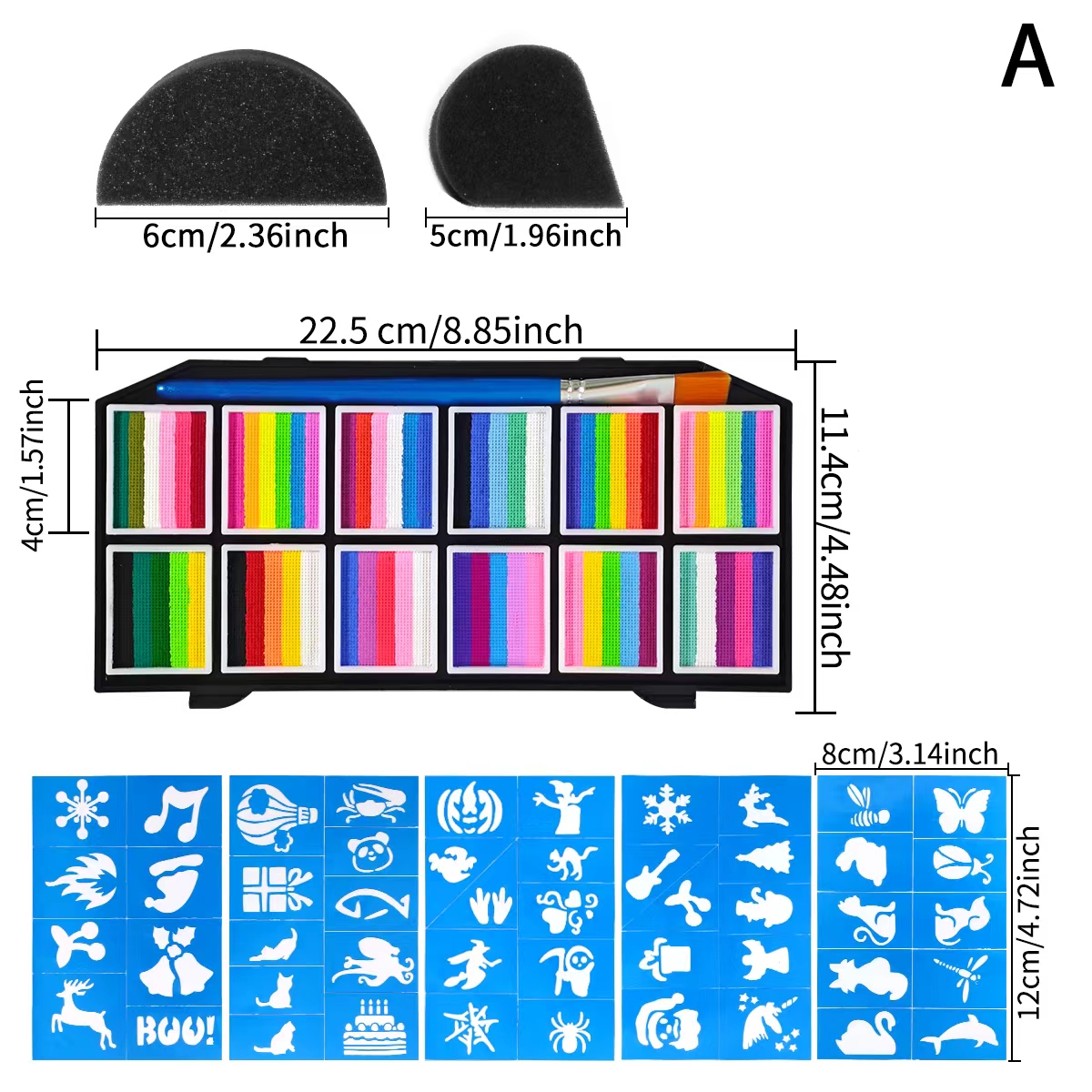 Body Painting Palette Set - Including 1 paintbrush + 2 sponges + 5 templates. Halloween Makeup Set Water-based pigments suitable for Halloween role-playing, stage makeup, and masquerade parties details Picture