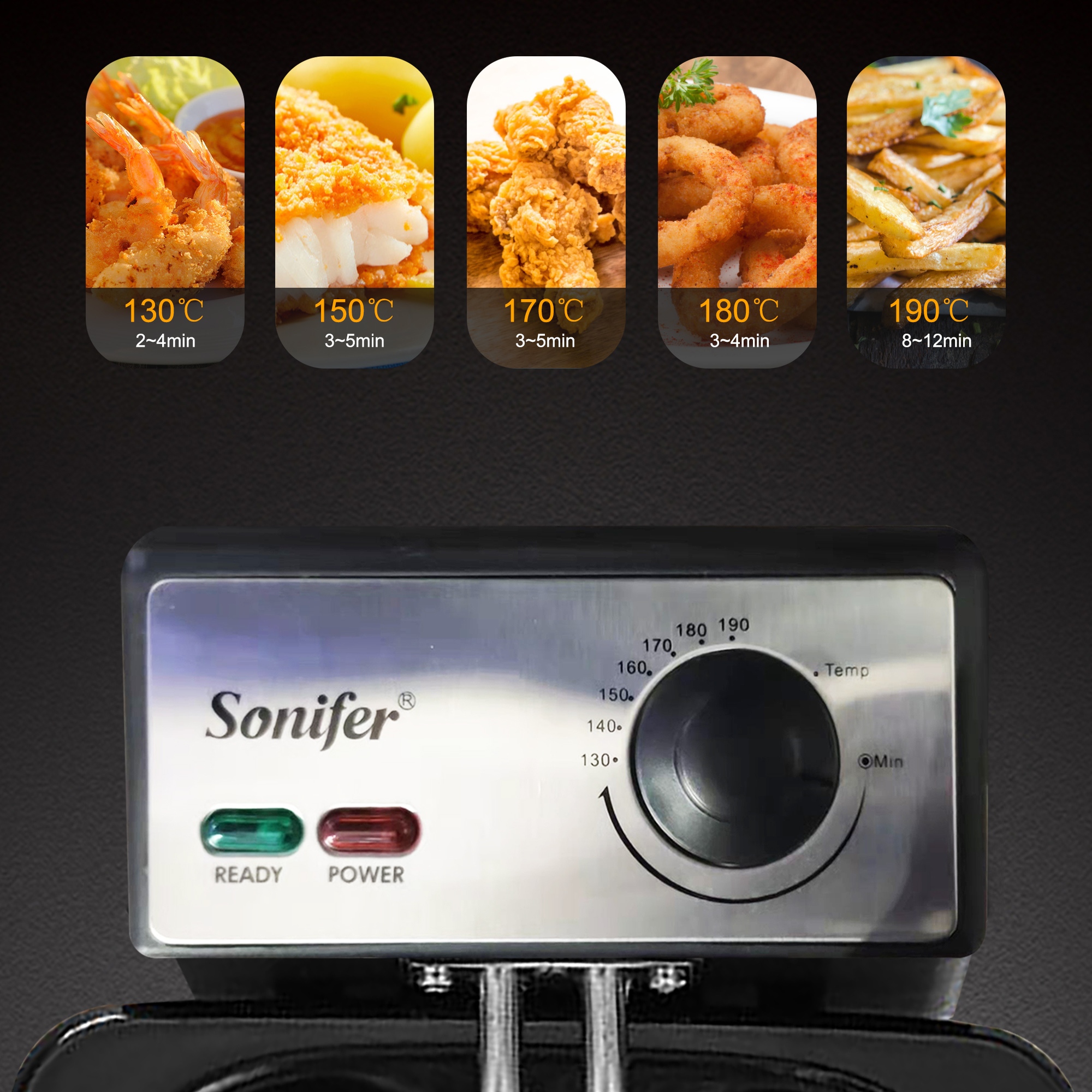 Sonifer SF-1004 专业级不锈钢大容量油炸锅 6.0 升 2400 瓦 带可调式温控器 Specification image