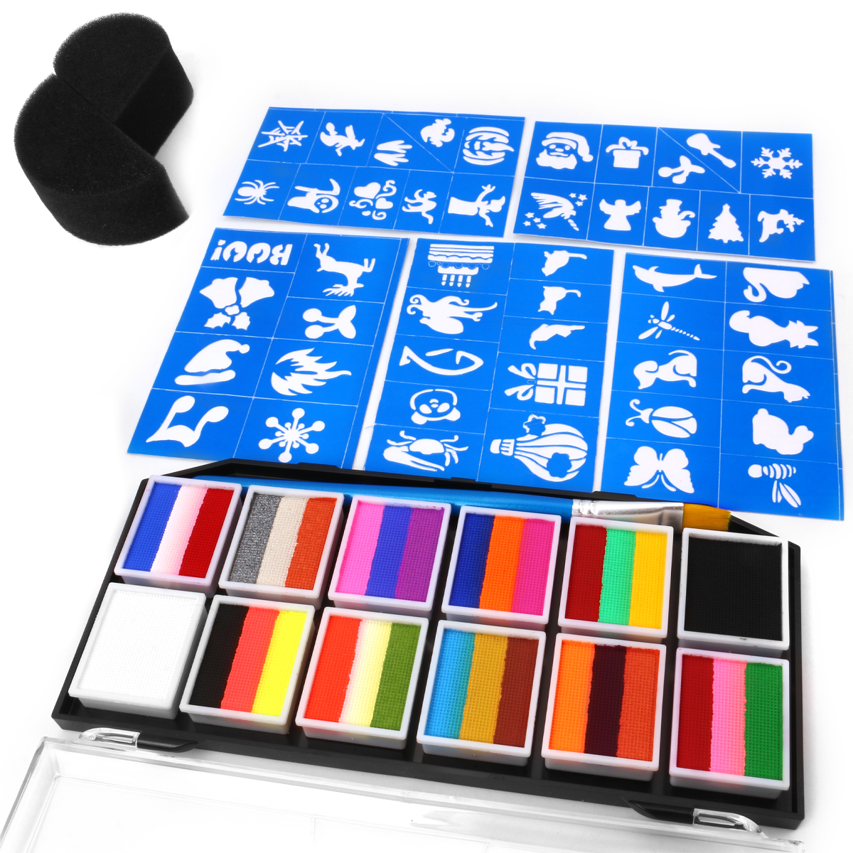 Body painting Palette Set - Including 1 paintbrush + 2 durable sponges + 5 templates. Water-based body painting paint. Special painting tools for Halloween makeup, role-playing parties, stage performances, and masquerade parties Specification image