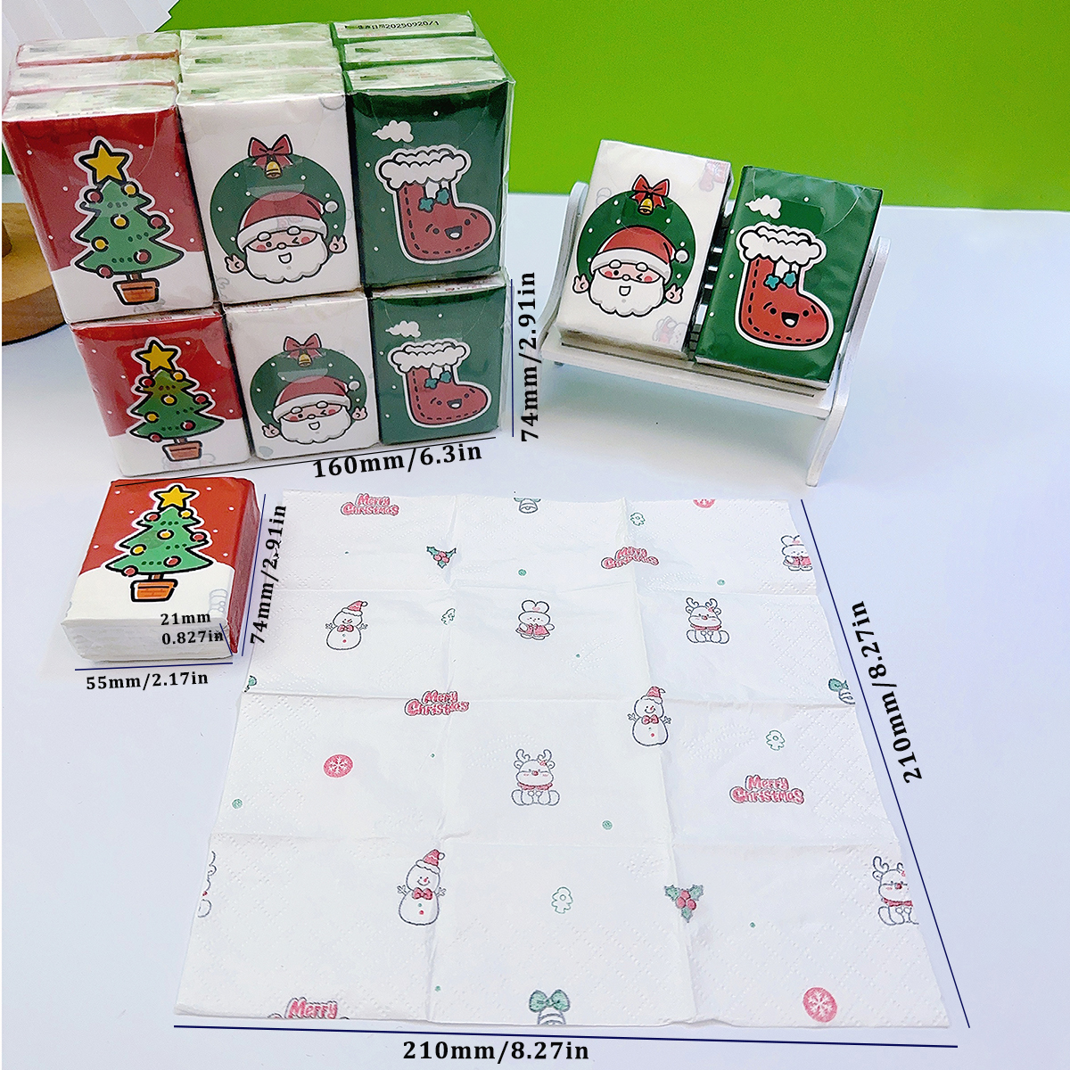 圣诞主题卡通印花手帕纸 — 规格 210×210 毫米 三层加厚 8 片 / 包 小巧便携 迷你口袋纸巾 不掉纸屑 Specification image