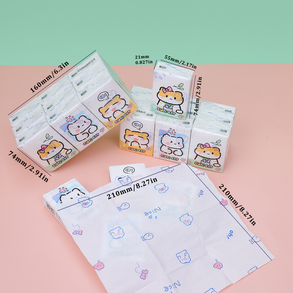 Cat cartoon printed handkerchief paper - Specification: 210×210 mm, three-layer thickened 8 pieces per pack. Compact and portable mini pocket tissue that doesn't shed paper scraps details Picture