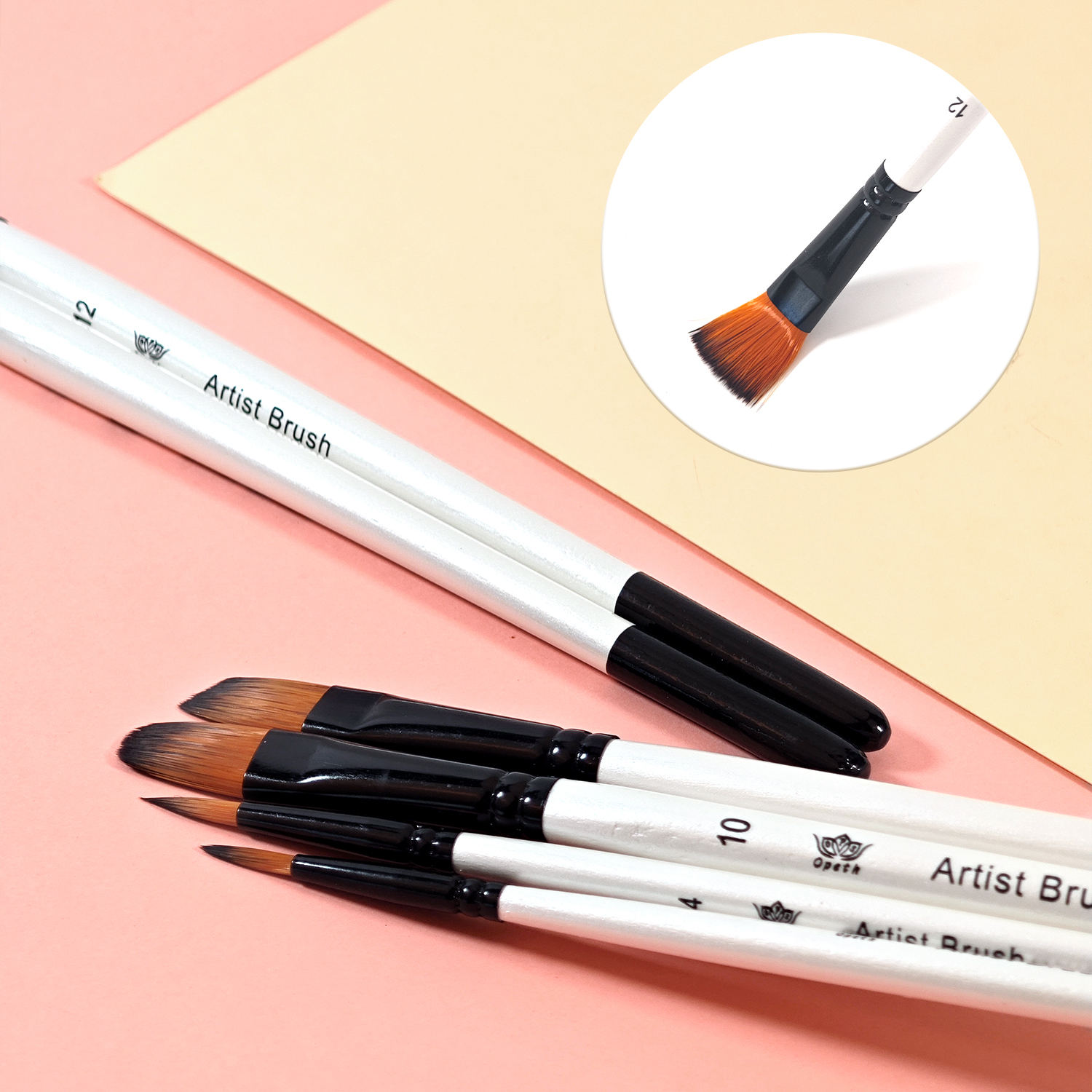 6 支装圆柄平头美术画笔套装 — 白色尼龙毛笔头，适配丙烯、水彩、油画创作，亦可用于人体彩绘、面部彩绘、石头彩绘及画布绘画，是成人美术创作、手工 DIY 的优选工具，也可作为圣诞、万圣、感恩节礼品。 Item Picture