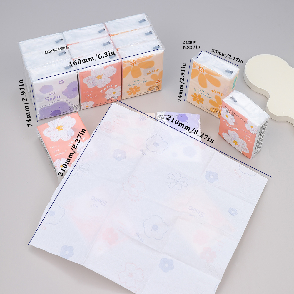 Floral printed handkerchief paper - Specification: 210×210 mm, three-layer thickened 8 pieces per pack. Compact and portable mini pocket tissue that doesn't shed paper scraps Application Scenario