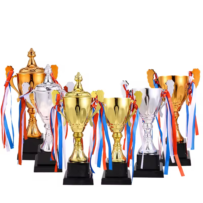 Gold, silver and copper three-color electroplated trophy - customizable color matching and ribbon. Made of high-quality metal material, it is specially designed for awarding football/basketball events