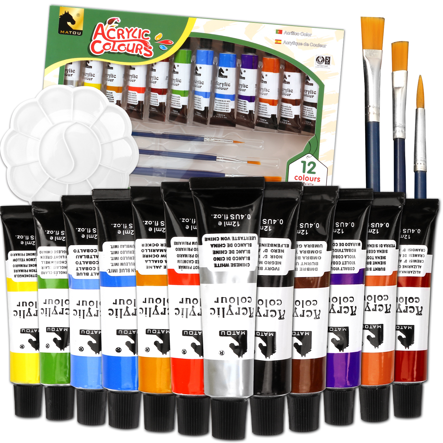 12-color Acrylic Paint Set (12ml / 0.4ounce) - Includes 4 brushes + 1 palette. A preferred Christmas gift art set for both beginners and professional painters
