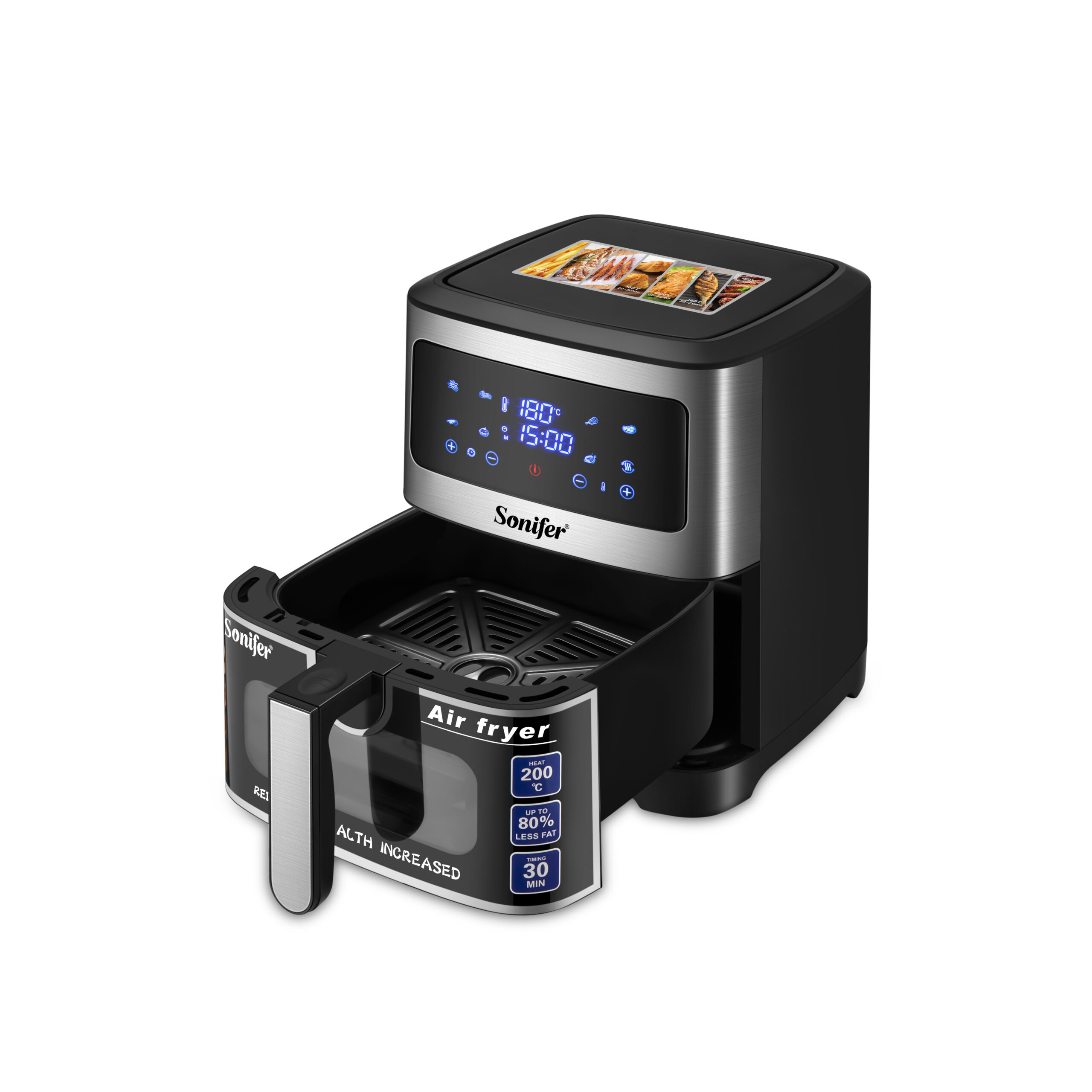 Sonifer SF-1028S 6.5-liter air fryer with 8 preset menus, visual window, high-definition touch screen, 1500W stainless steel body