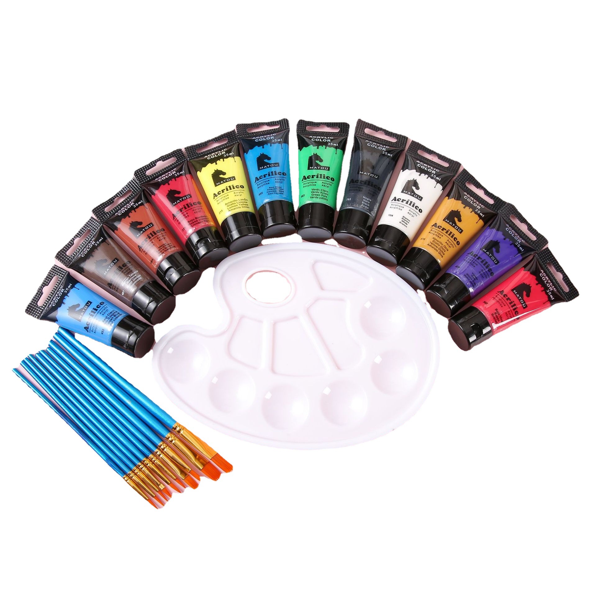 12 色丙烯颜料套装（35 毫升 / 1.18 盎司）— 含 12 种高饱和色彩 附赠 10 支画笔 + 1 个调色盘 优质耐褪色配方 适用于画布、木材、纸张等多种材质 新手、业余爱好者及专业画师礼品优选 Application Scenario