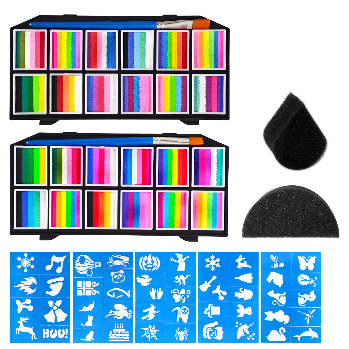 Body Painting Palette Set - Including 1 paintbrush + 2 sponges + 5 templates. Halloween Makeup Set Water-based pigments suitable for Halloween role-playing, stage makeup, and masquerade parties
