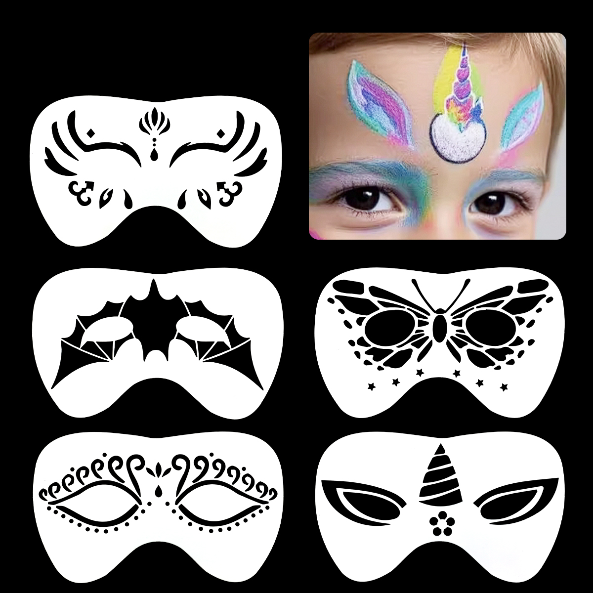 5 body painting templates - Reusable, suitable for drawing facial and body tattoo patterns. Special for Halloween, Christmas and holiday party mask makeup