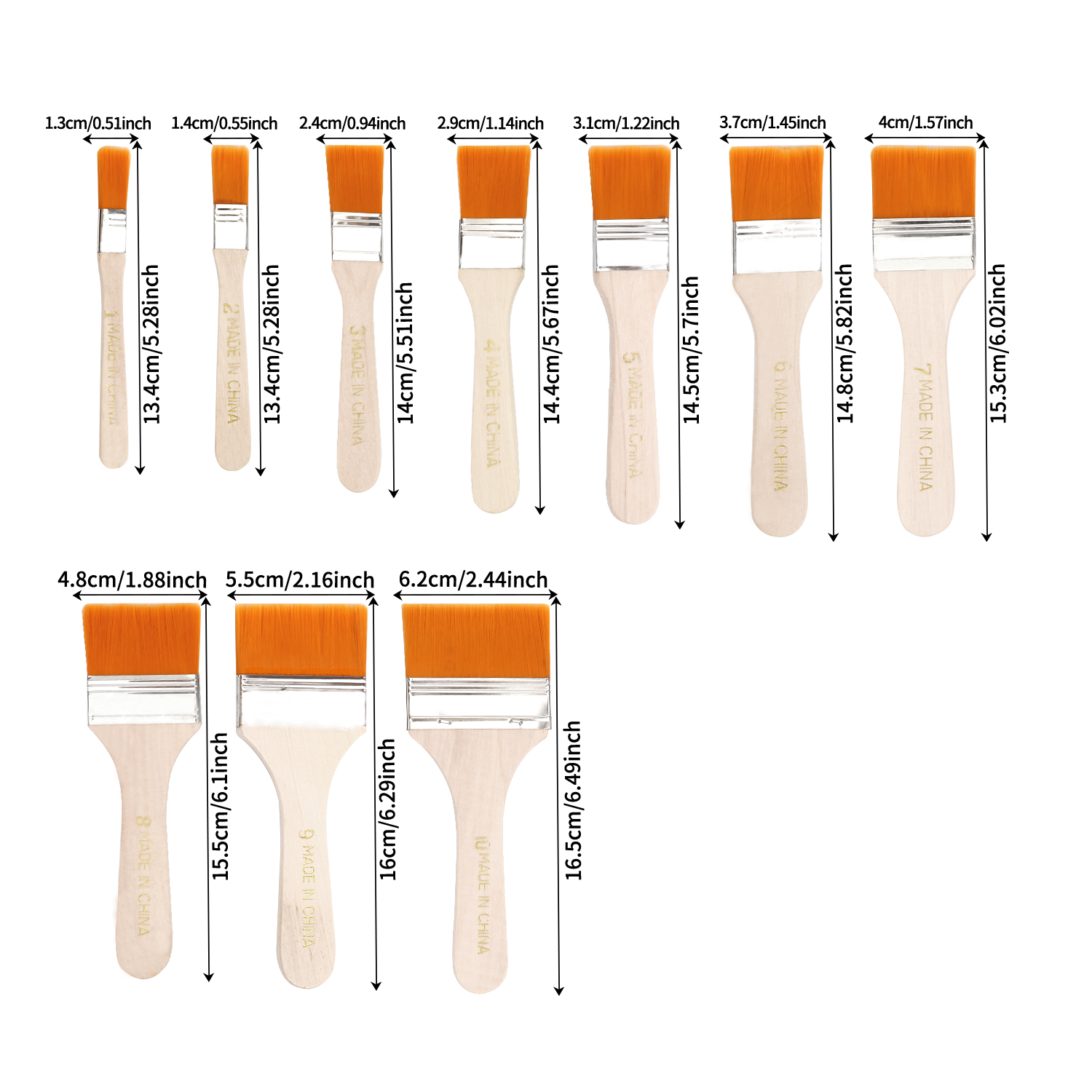 10-piece nylon flat-head brush set - Durable and easy-to-clean wooden handle, specially designed for oil painting, acrylic painting and handcrafted works Specification image