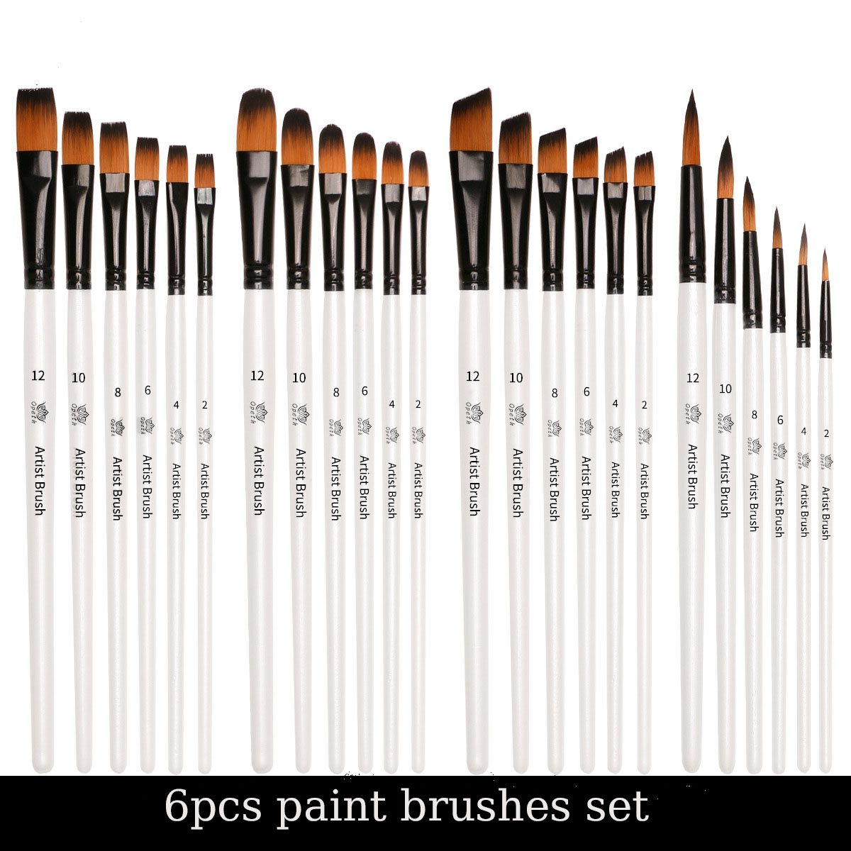 6-piece white art brush set - made of nylon bristle, suitable for watercolor/oil/acrylic DIY creation as a Christmas/Halloween/Thanksgiving gift