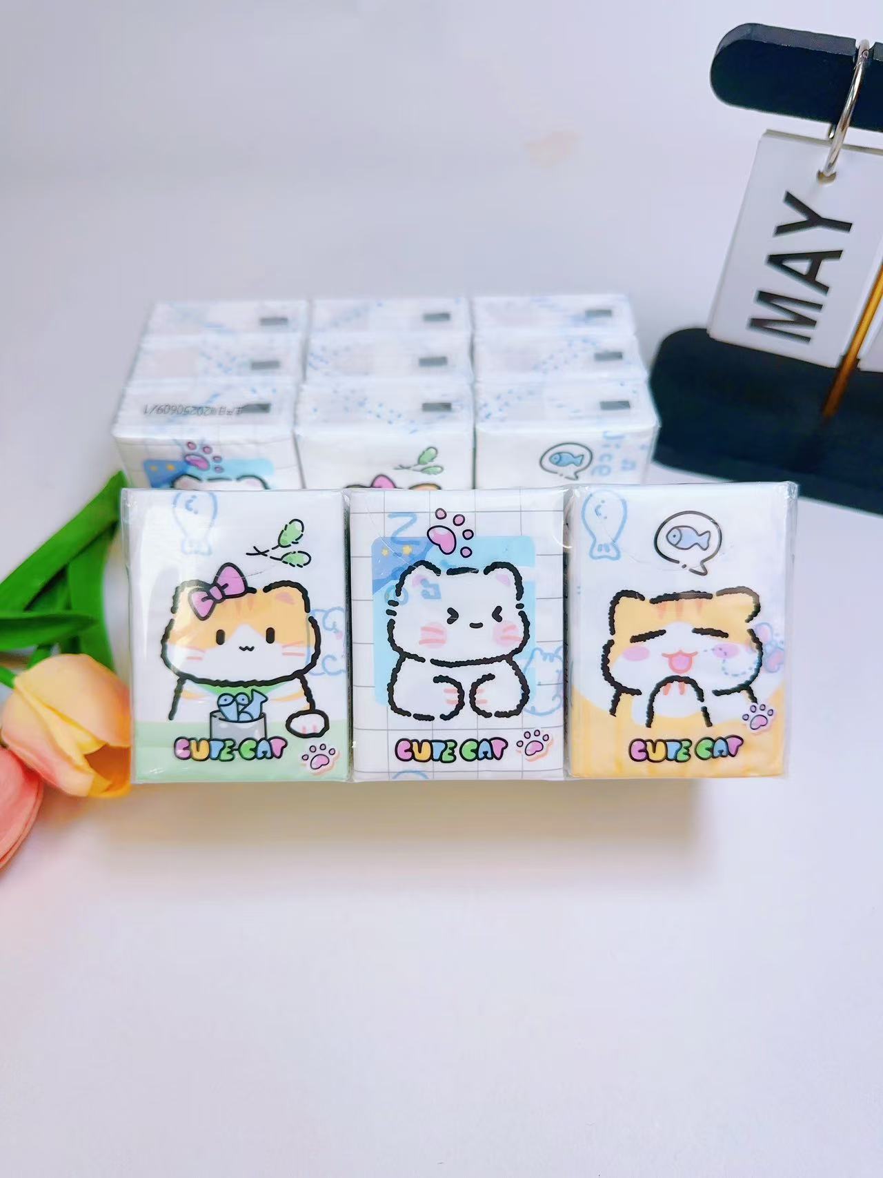 Cat cartoon printed handkerchief paper - Specification: 210×210 mm, three-layer thickened 8 pieces per pack. Compact and portable mini pocket tissue that doesn't shed paper scraps