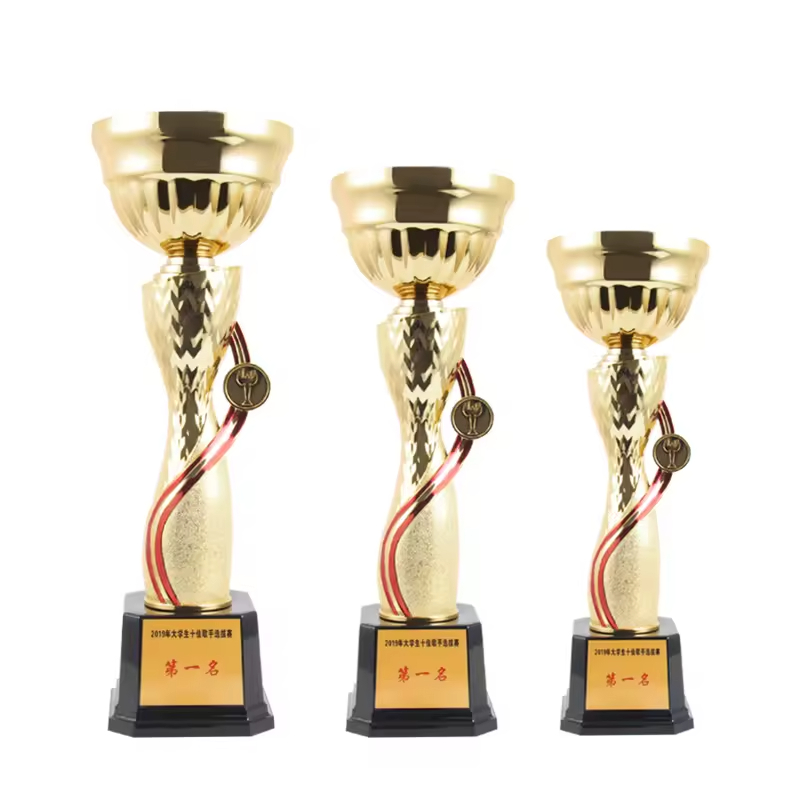 Small, medium and large-sized metal trophies (factory price) - Customizable with red decorative lines, suitable for training, team-building and team event awarding