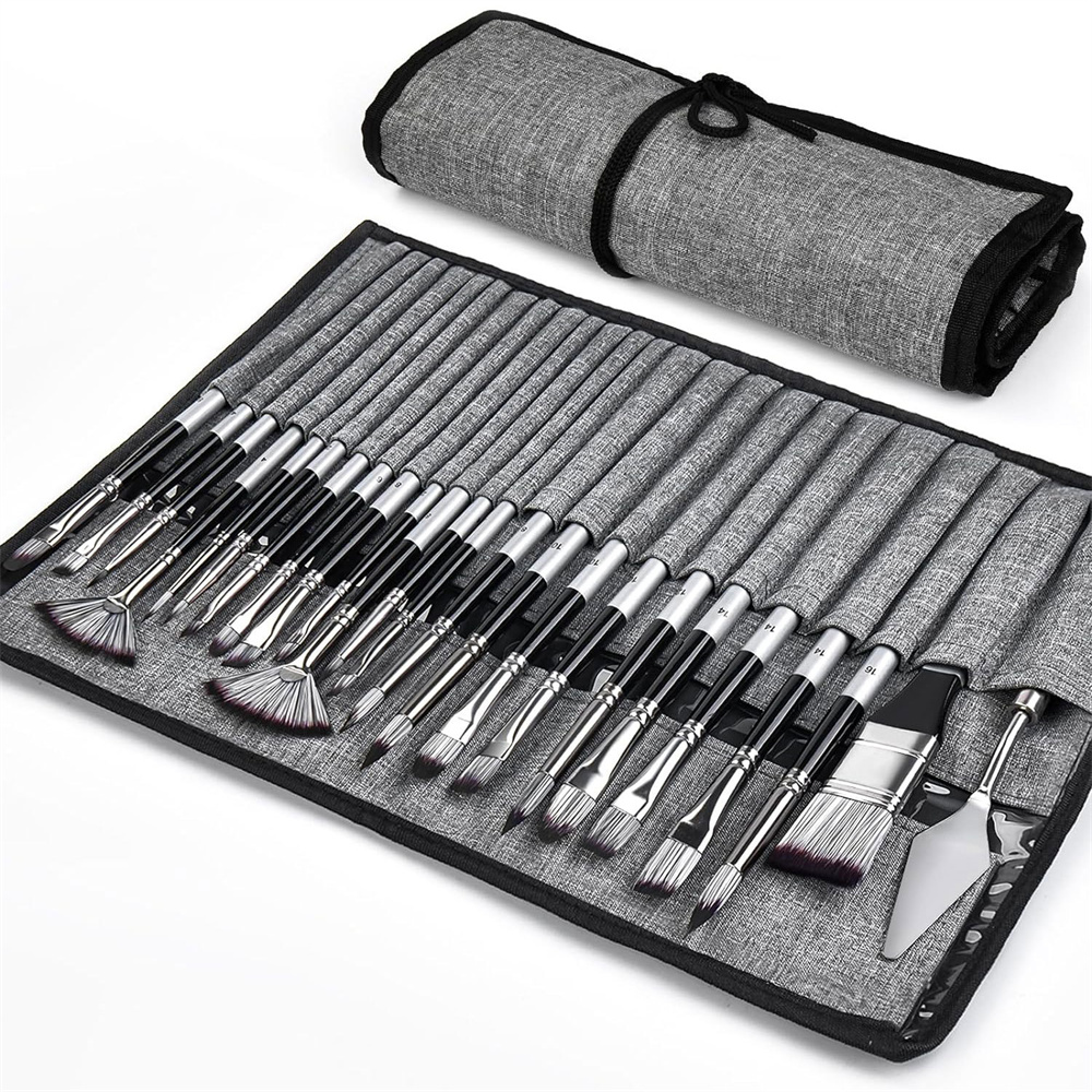 24-piece canvas bag art brush set - nylon brush tip, wooden pen barrel, including brush washing scraper, multi-functional art creation brushes for watercolor, oil painting and acrylic painting