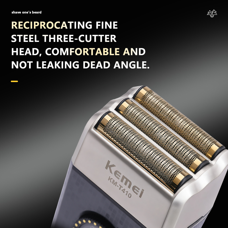 科美电动胡须刀 KM-T410——13 档调速 1200 毫安电池 9000 转 / 分钟 IPX6 防水 光头神器 三刀头搭配迷你剃须刀 details Picture