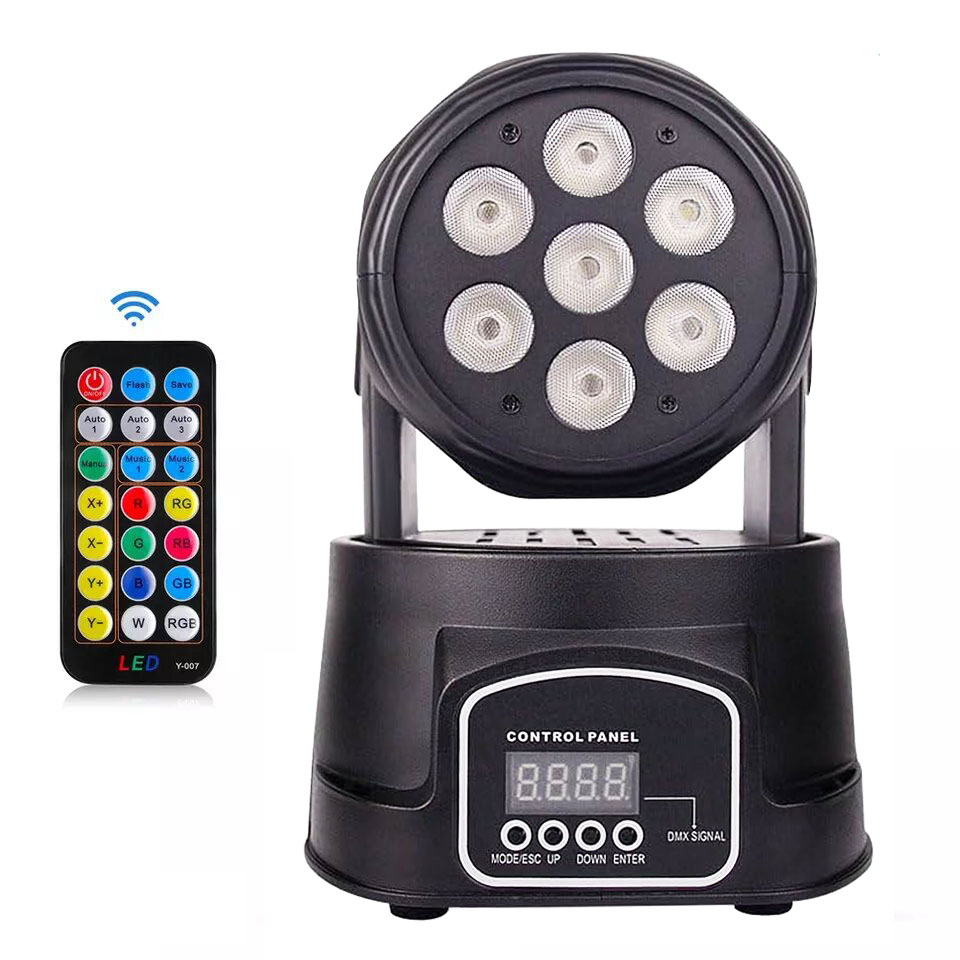 Remote control 7-LED RGBW moving head light - Full-color four-in-one with remote control, featuring both face light and beam effects, suitable for stages, weddings, parties, KTVS, bars, and DJ live performances