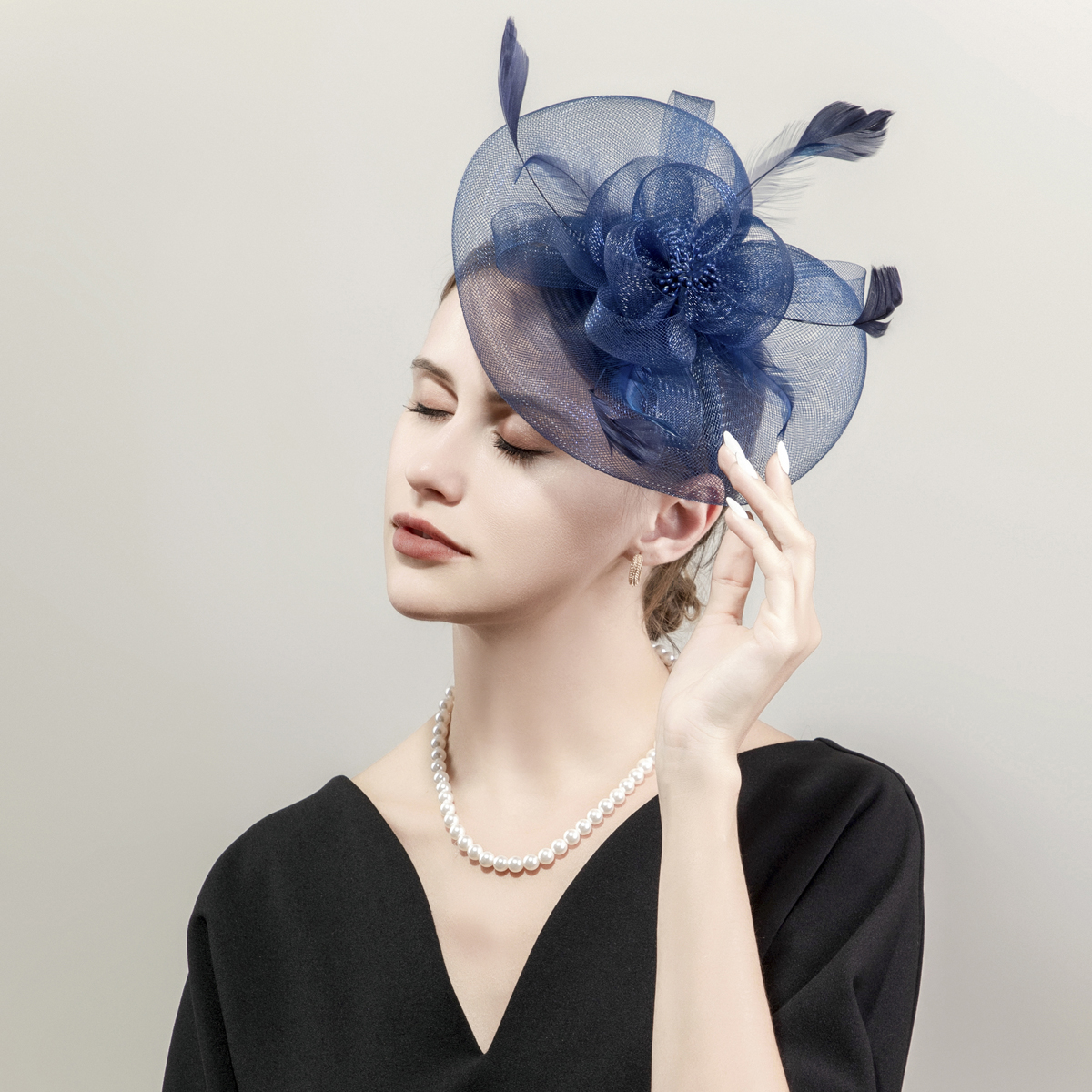 Ladies' flower mesh handmade top hat 1 set, suitable for Christmas, Halloween, tea parties, birthday parties, bride's headwear, Derby top hat, church top hat with hairpins and headbands Specification image