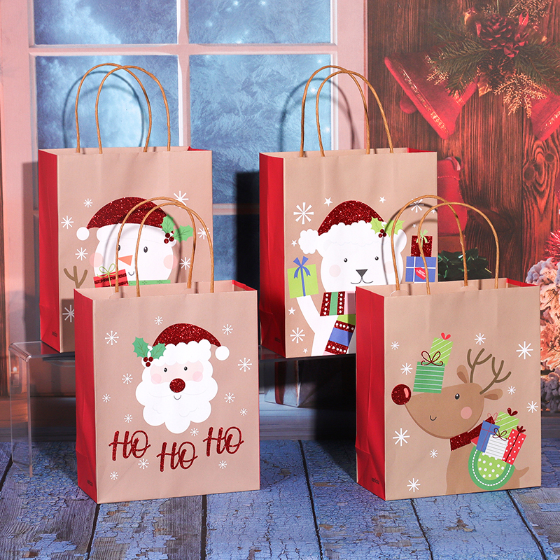 2026 New Year Custom Christmas Tree Printed Kraft Paper Tote Bag - Christmas Happy Theme Decorative Party Gift Bag