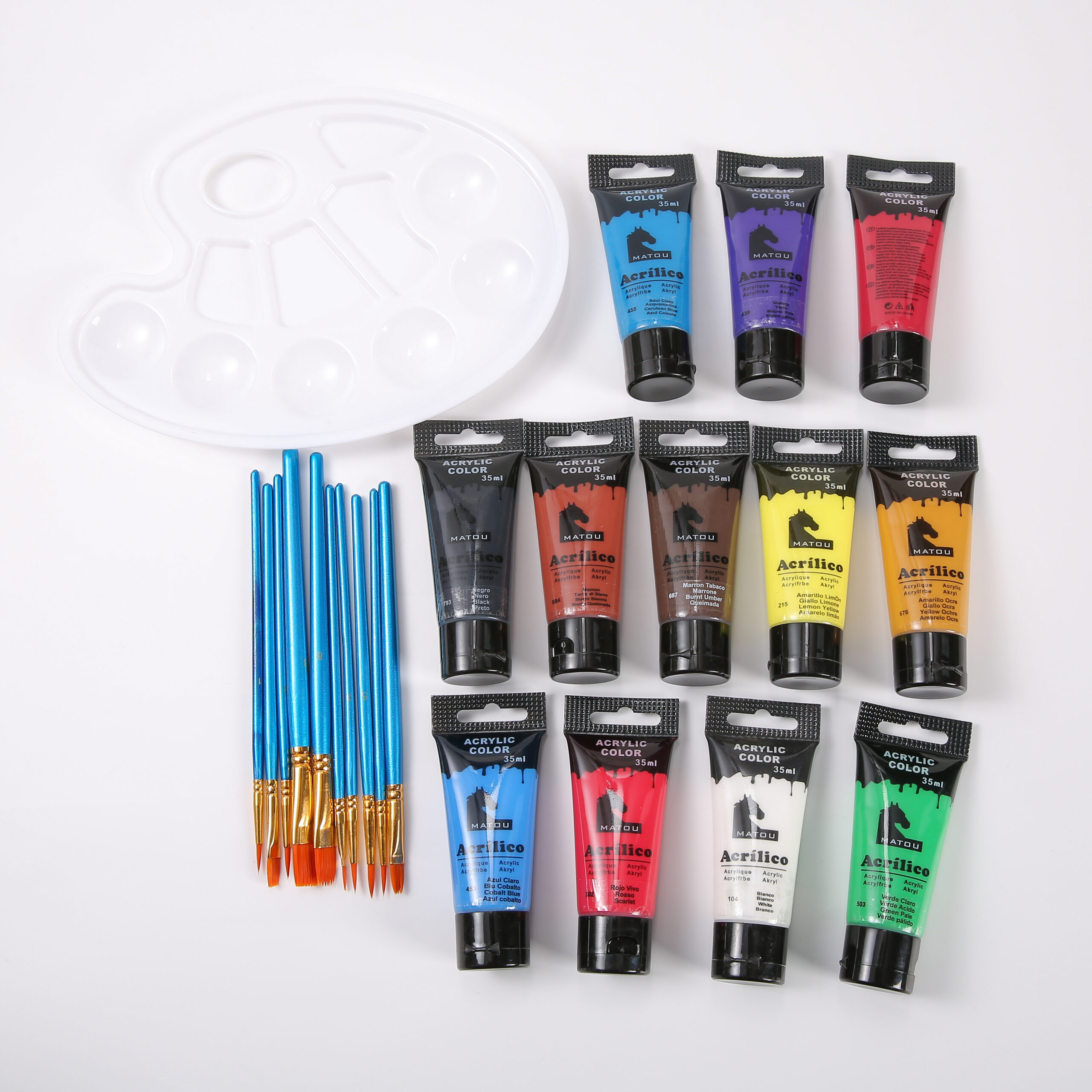 12 色丙烯颜料套装（35 毫升 / 1.18 盎司）— 含 12 种高饱和色彩 附赠 10 支画笔 + 1 个调色盘 优质耐褪色配方 适用于画布、木材、纸张等多种材质 新手、业余爱好者及专业画师礼品优选 Item Picture