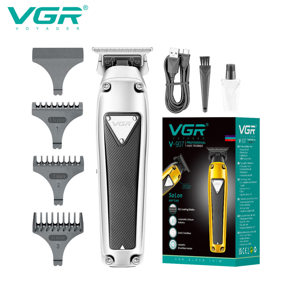 VGR V-907 Professional ceramic blade hair clipper 10,000 RPM brushless motor suitable for men Specification image
