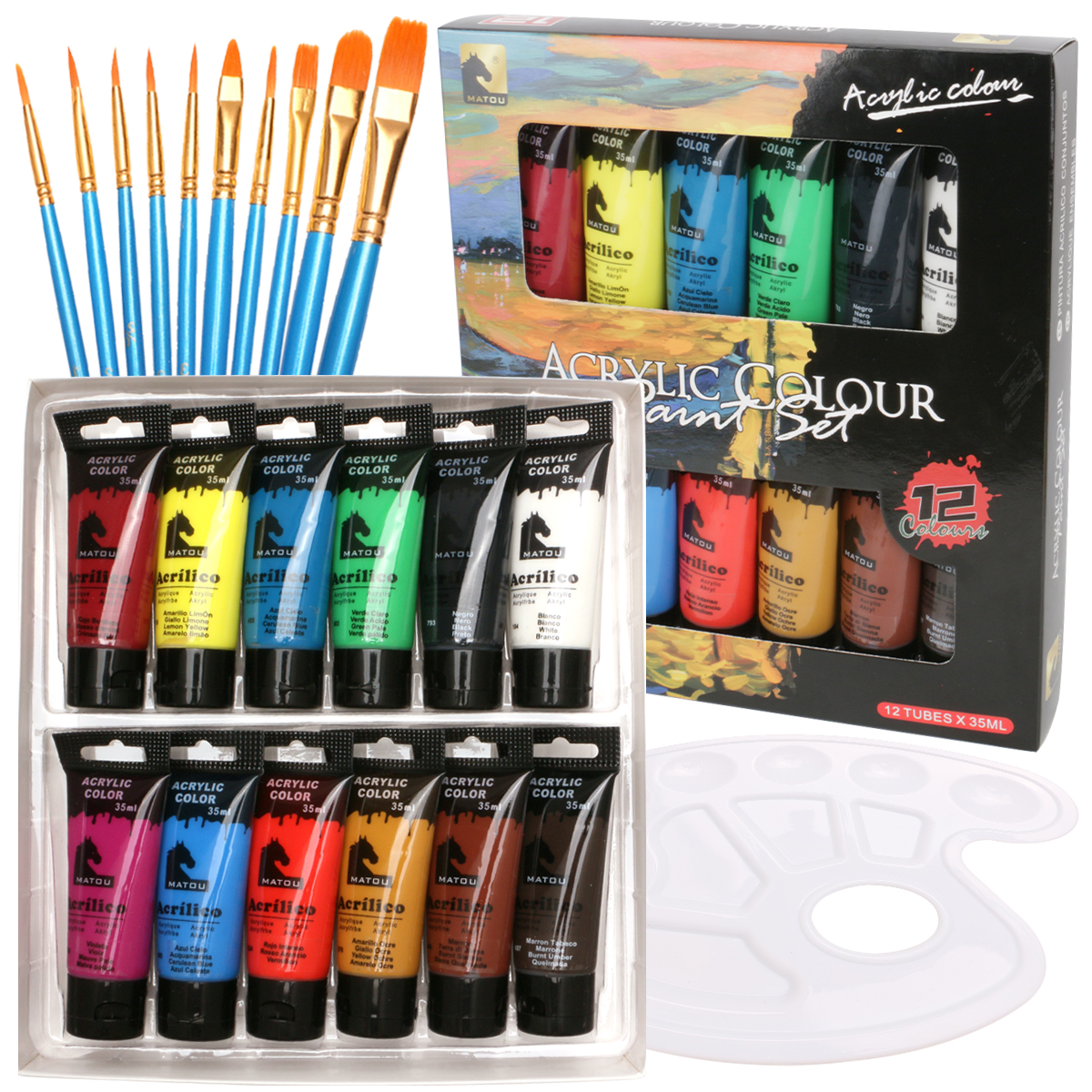 12-color Acrylic Paint Set (35ml / 1.18ounce) - Contains 12 highly saturated colors and comes with 10 brushes + 1 palette. The high-quality, colorfast formula is suitable for various materials such as canvas, wood, and paper. It is an ideal gift for beginners, amateurs, and professional painters