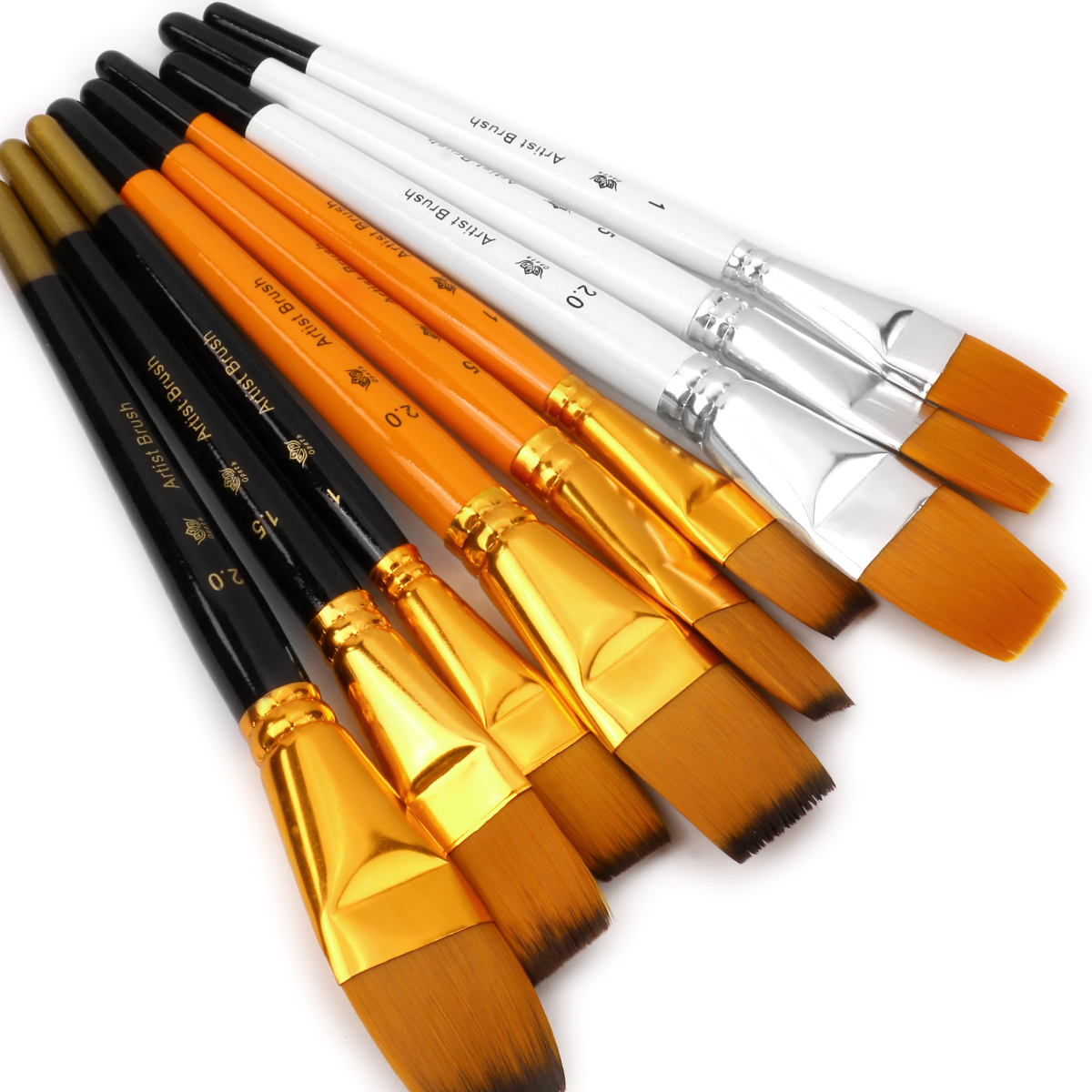3-piece flat-head brush set - 3 sizes, nylon bristle material, black/white/orange available, suitable for acrylic, oil painting and watercolor creation
