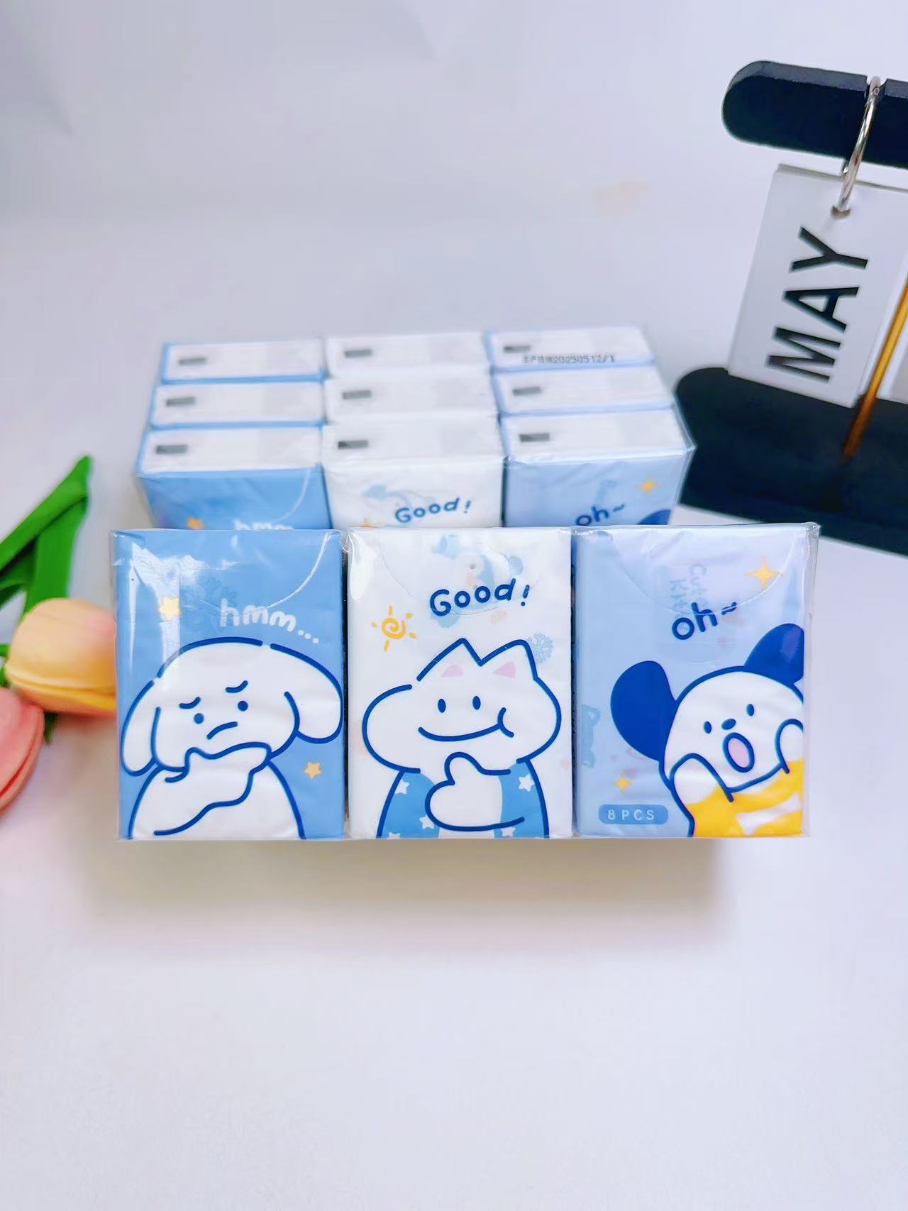 Dog cartoon printed handkerchief paper - Specification: 210×210 mm, three-layer thickened 8 pieces per pack. Compact and portable mini pocket tissue that doesn't shed paper scraps