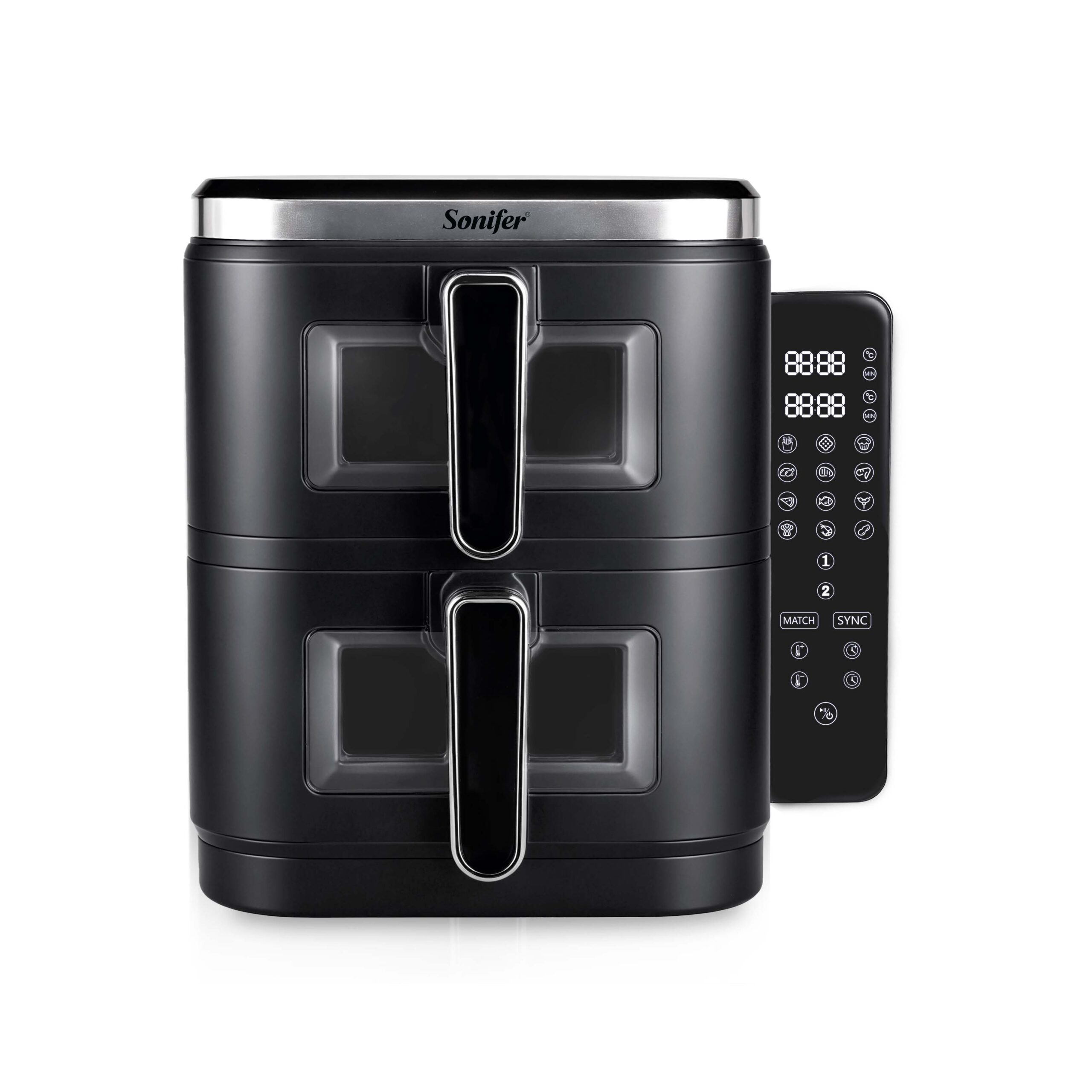 The Sonifer SF-1046 Double Basket air fryer, 2800 watts, is equipped with a touch screen and 12 preset menus for independent cooking details Picture