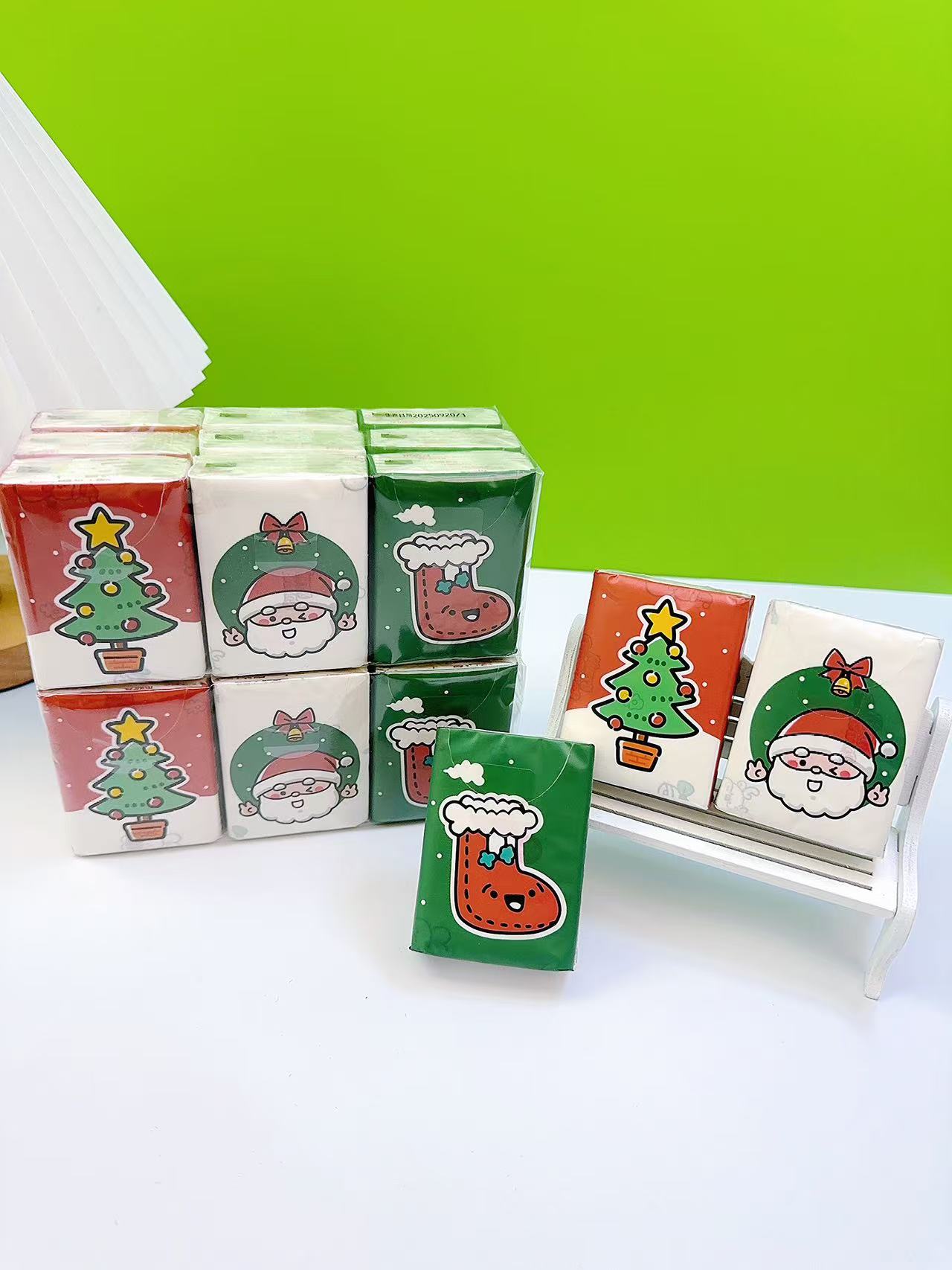 Christmas-themed cartoon printed handkerchief paper - Specification: 210×210 mm, three-layer thickened 8 pieces per pack. Compact and portable mini pocket tissue that doesn't shed paper scraps