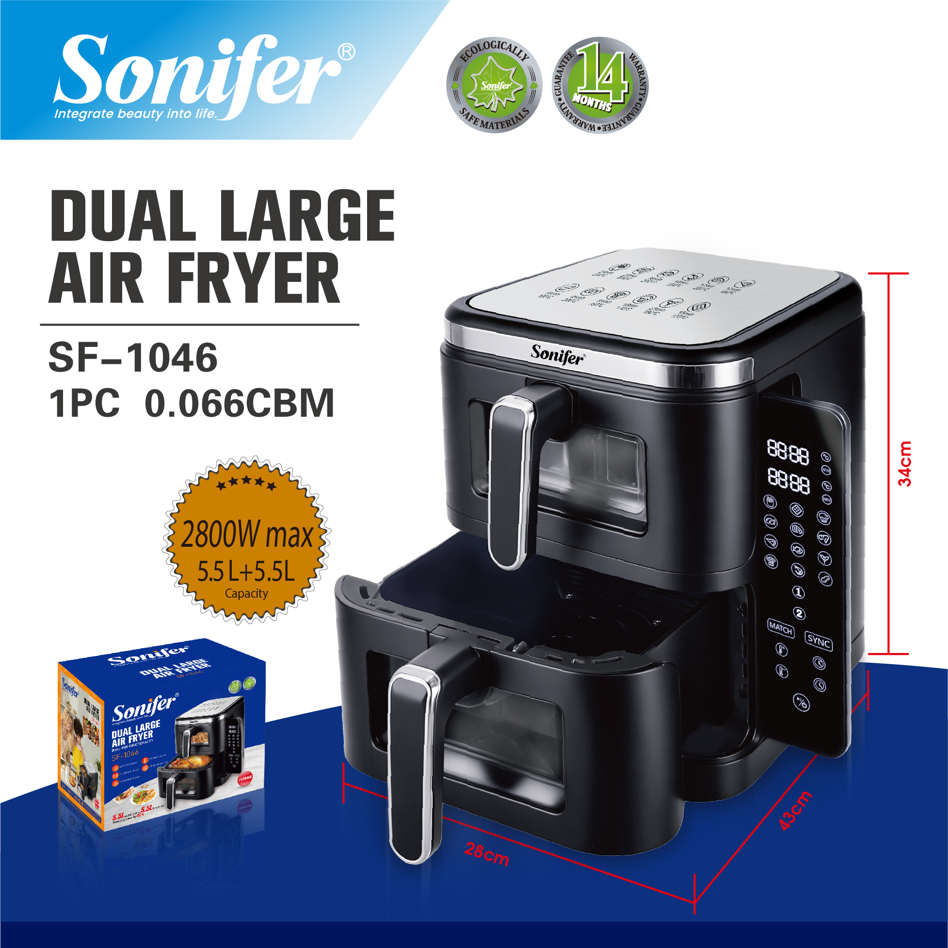 The Sonifer SF-1046 Double Basket air fryer, 2800 watts, is equipped with a touch screen and 12 preset menus for independent cooking Specification image