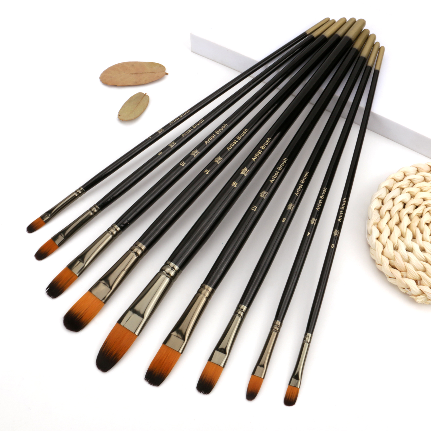 9-piece high-end nylon art brush set - suitable for acrylic, oil painting, watercolor, and handcrafted works. Durable professional grade. Multi-size round pointed tip design. Universal for body painting, face painting, stone painting, and canvas painting. Preferred art supplies for Halloween, Christmas, and Thanksgiving gifts Specification image