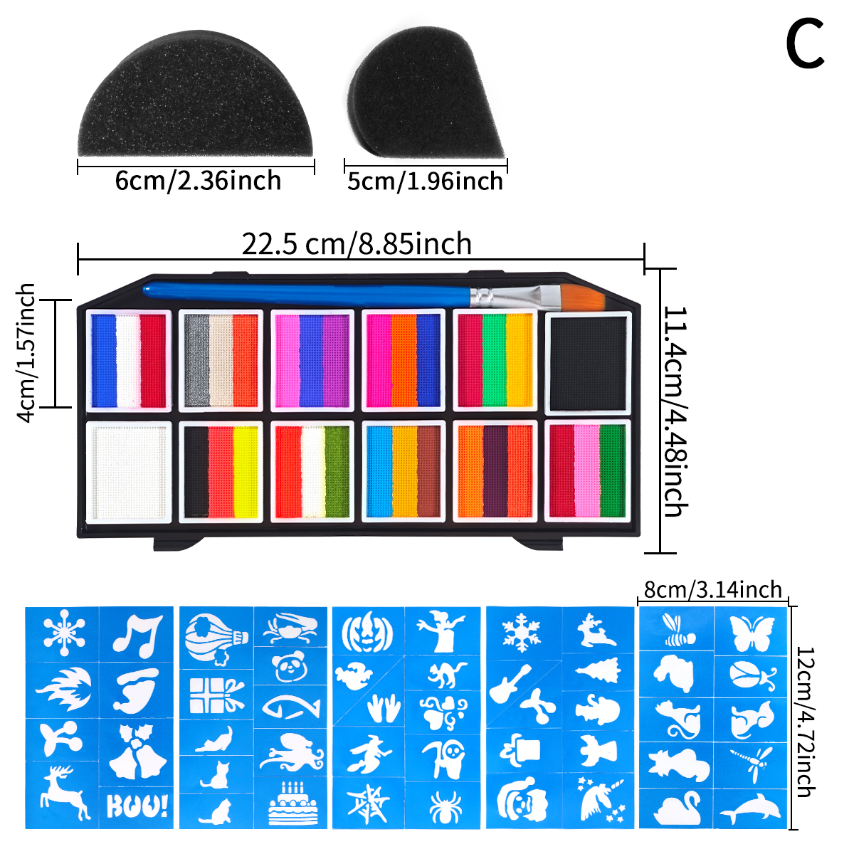 Body painting Palette Set - Including 1 paintbrush + 2 durable sponges + 5 templates. Water-based body painting paint. Special painting tools for Halloween makeup, role-playing parties, stage performances, and masquerade parties Item Picture