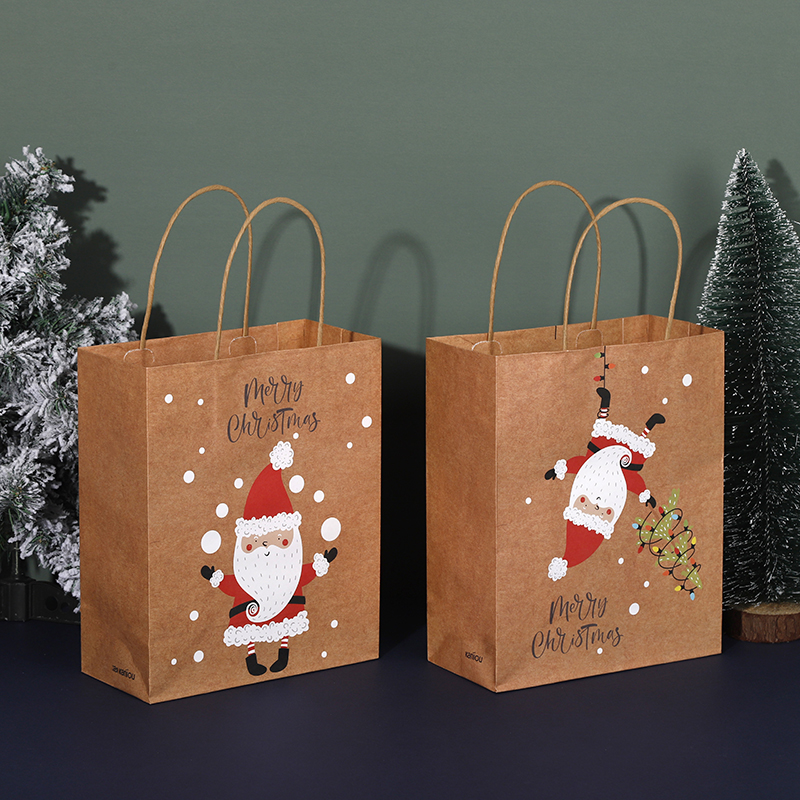 Wholesale custom Christmas-patterned kraft paper tote bags - portable shopping gift packaging bags with laminated material and logo printing Item Picture